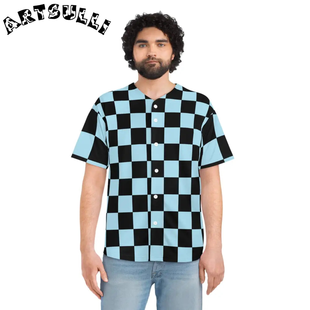 JAKKOUTTHEBXX Checkerboard Black and Blue Men’s Baseball Jersey