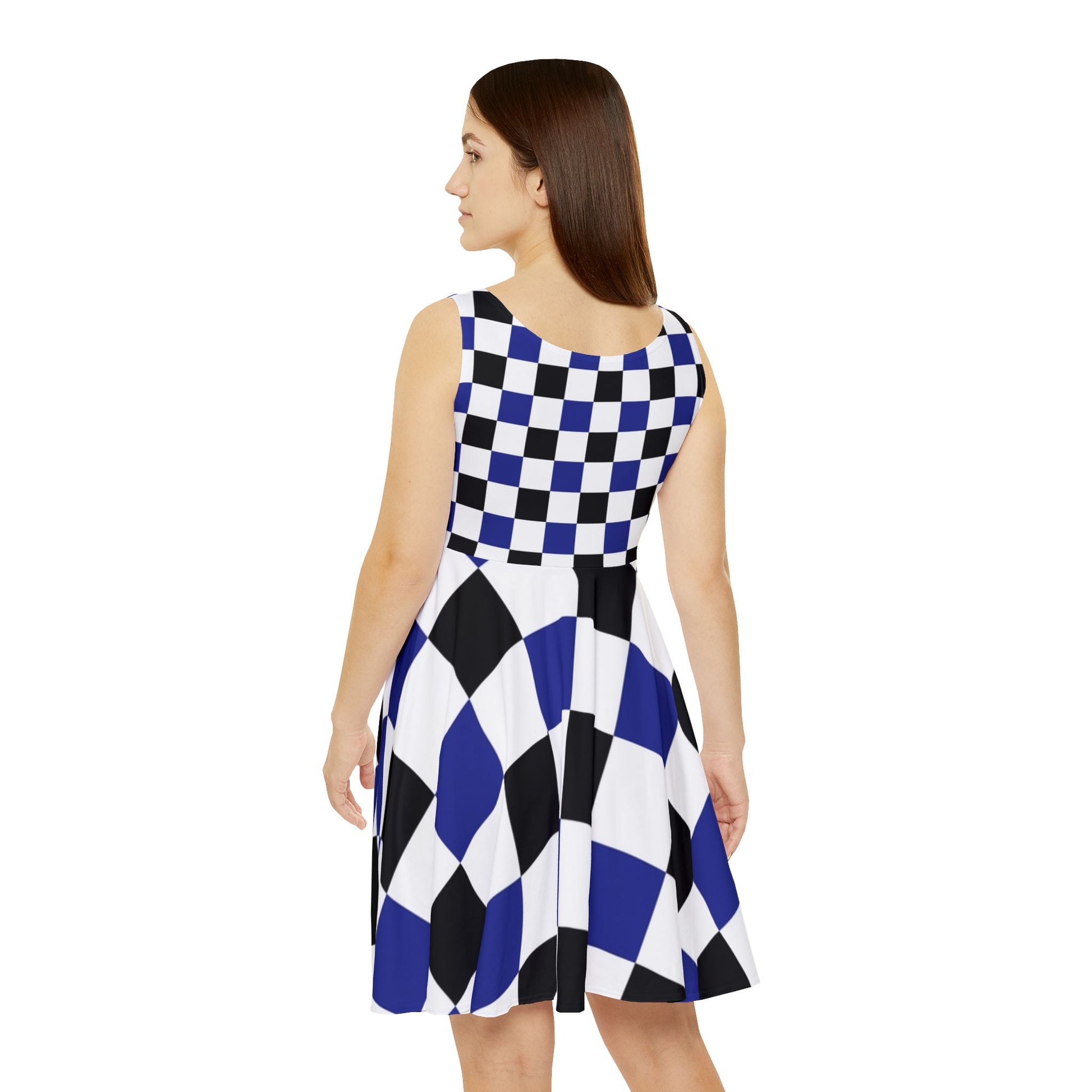 Checkerboard Blue White and Black Women's Skater Dress (AOP), Artsulli - Art is Long, Life is Short, All Over Prints, , , , , , , 