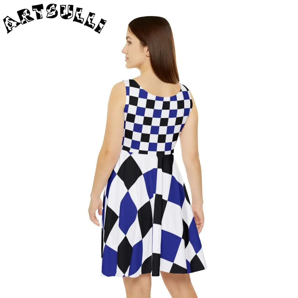 JAKKOUTTHEBXX Checkerboard Blue White and Black Women’s Skater Dress