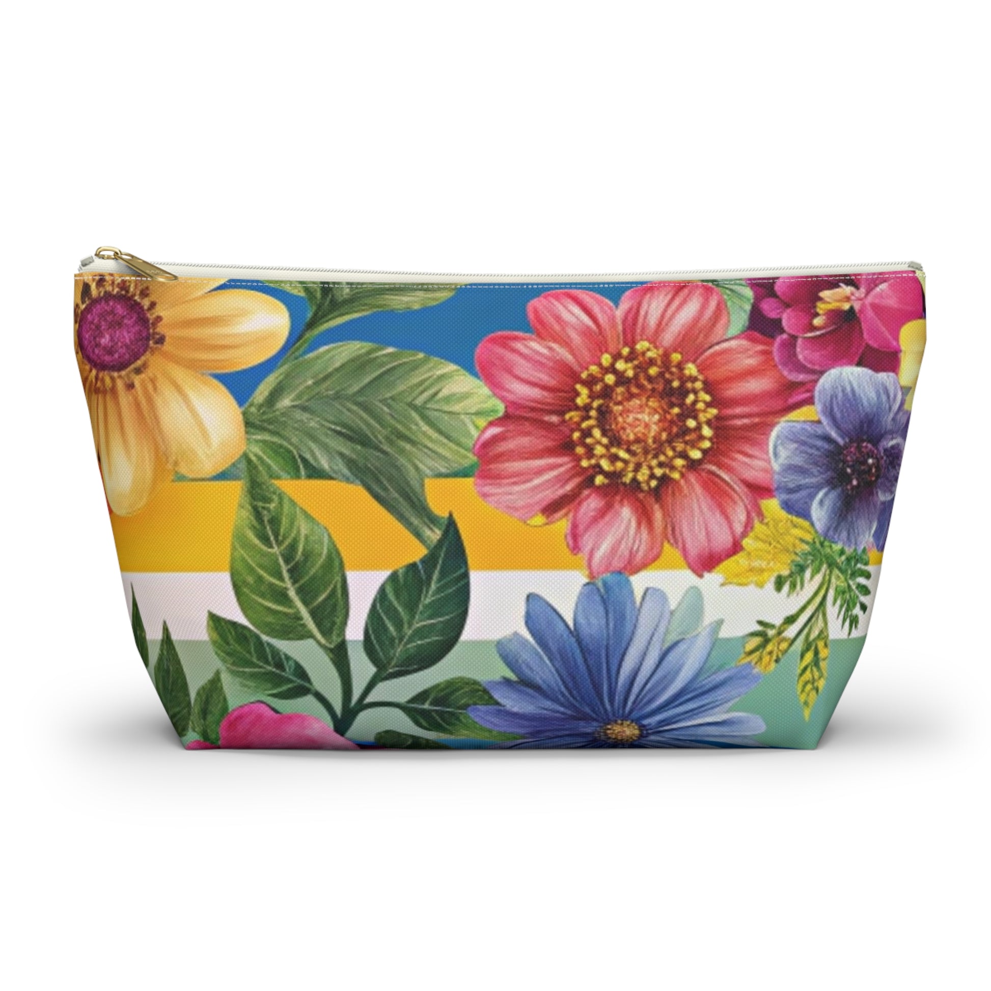 Floral Stripe 4K Accessory Pouch w T-bottom, Artsulli - Art is Long, Life is Short, Bags, Size, Large, Color, White zipper, , , 25884205139476172280