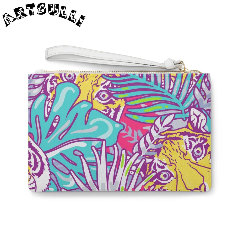 JAKKOUTTHEBXX Tropical Floral Tigers Torquise and Purple Clutch Bag
