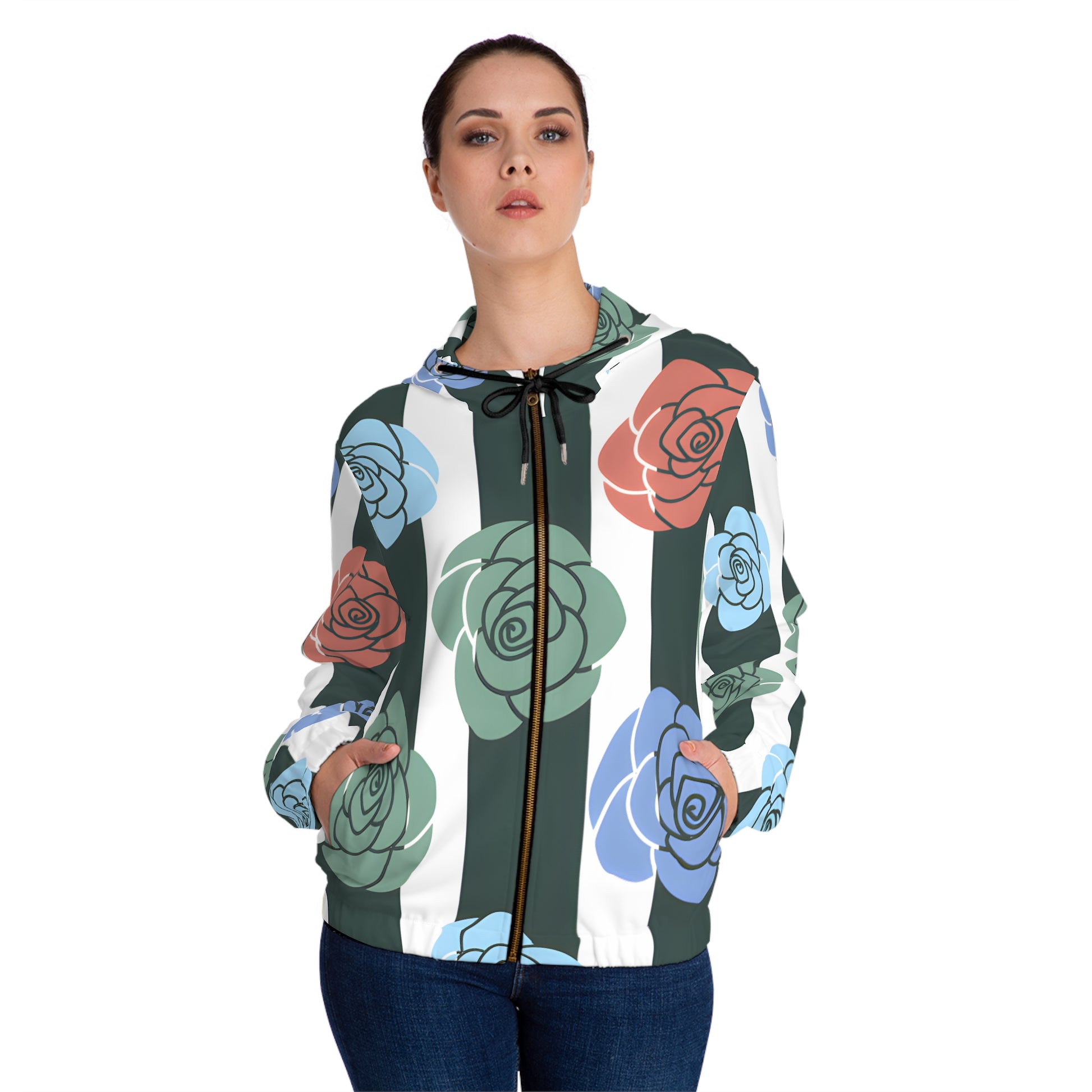 Stripes x Roses Black and White Women’s Full-Zip Hoodie (AOP), Artsulli - Art is Long, Life is Short, All Over Prints, , , , , , , 