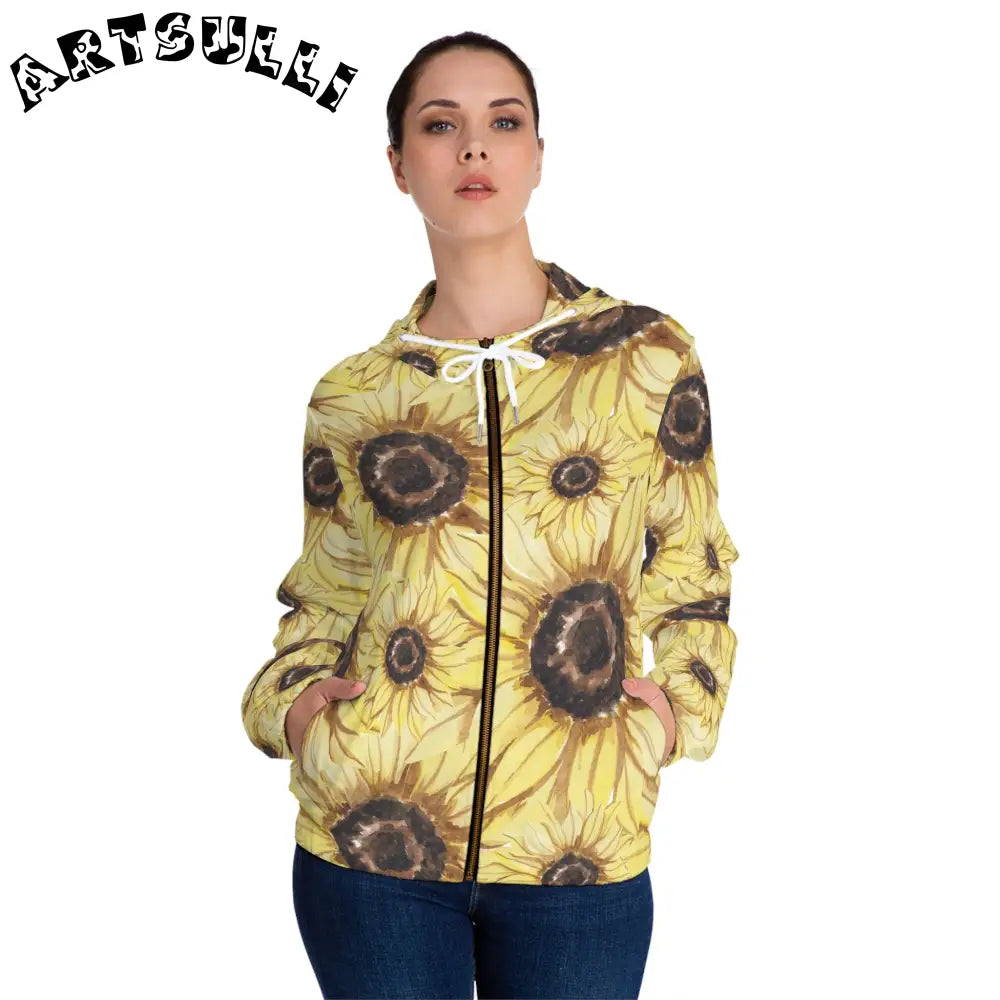 JAKKOUTTHEBXX Retro Anime Sunflower Women’s Full-Zip Hoodie (AOP)