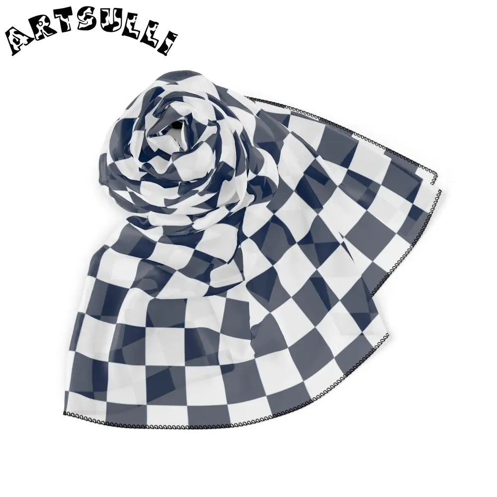 JAKKOUTTHEBXX Checkerboard II White and Navy Blue Poly Scarf