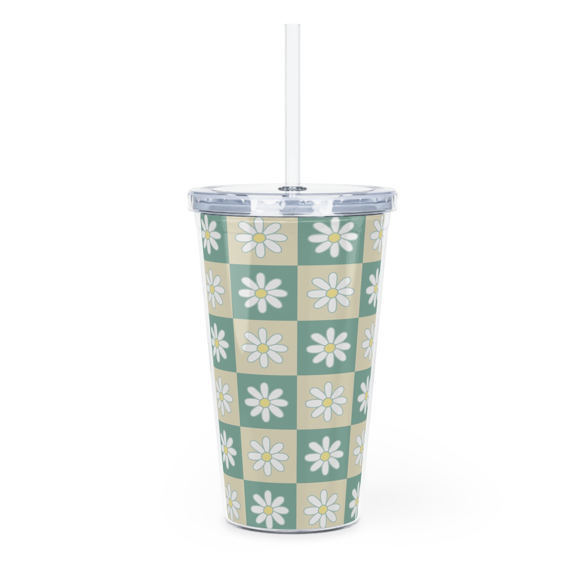 Retro Daisy Grid Plastic Tumbler with Straw, Artsulli - Art is Long, Life is Short, Mug, , , , , , , 
