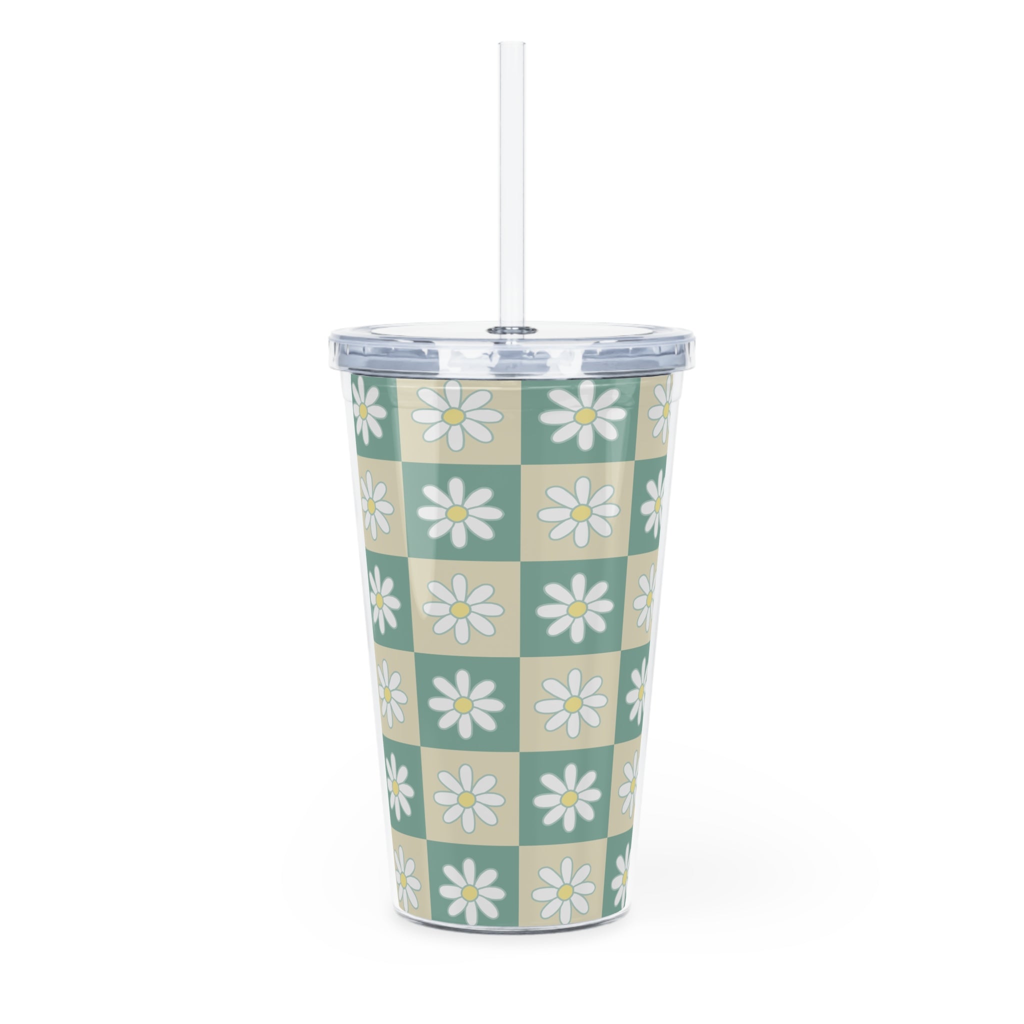 Retro Daisy Grid Plastic Tumbler with Straw, Artsulli - Art is Long, Life is Short, Mug, , , , , , , 