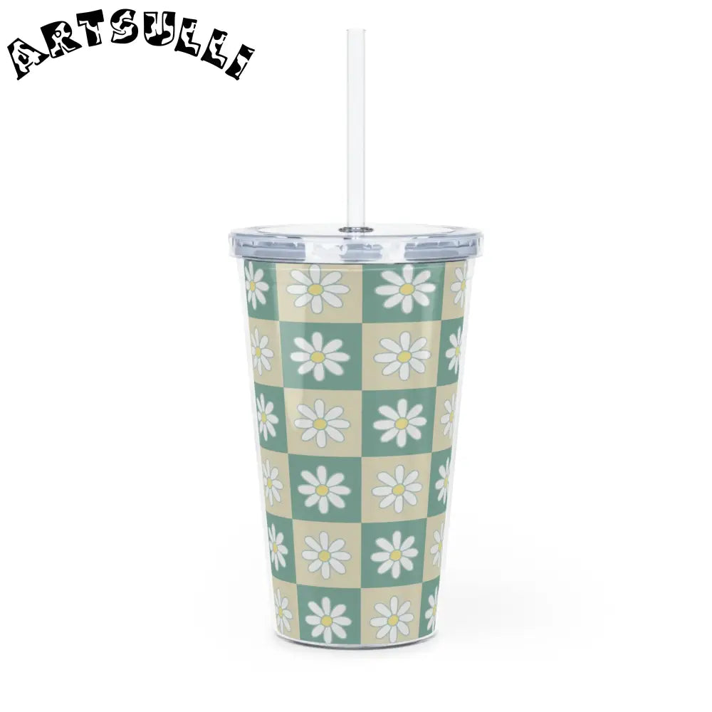 JAKKOUTTHEBXX Retro Daisy Grid Plastic Tumbler with Straw