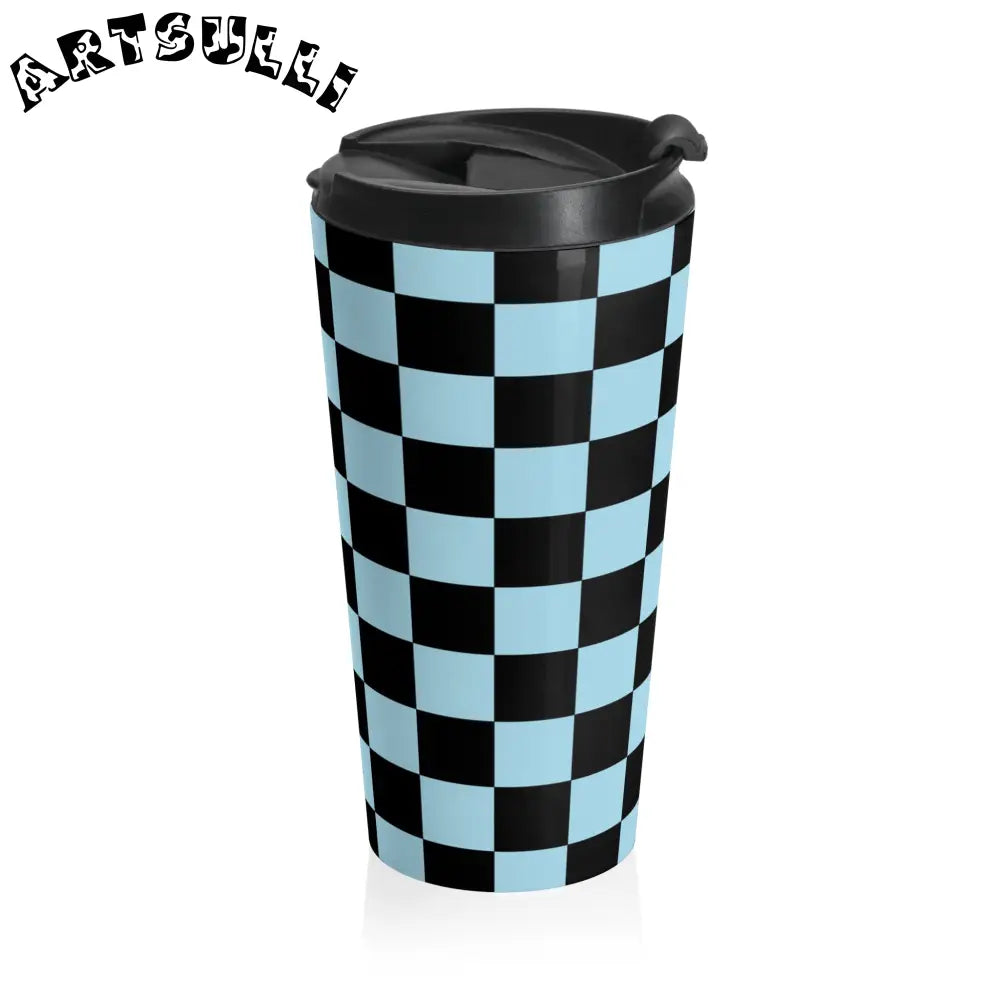 JAKKOUTTHEBXX Checkerboard Black and Blue Stainless Steel Travel Mug