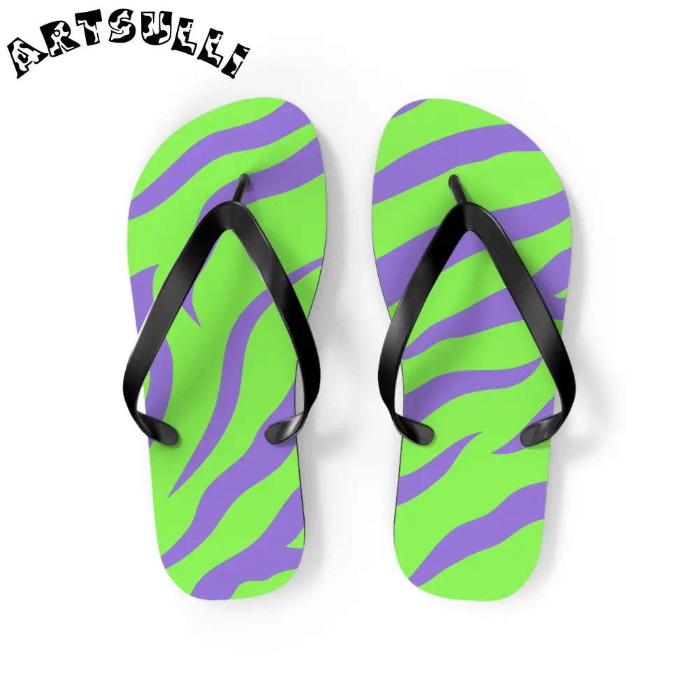 JAKKOUTTHEBXX Tyrannosaurus Print Green and Purple Flip Flops