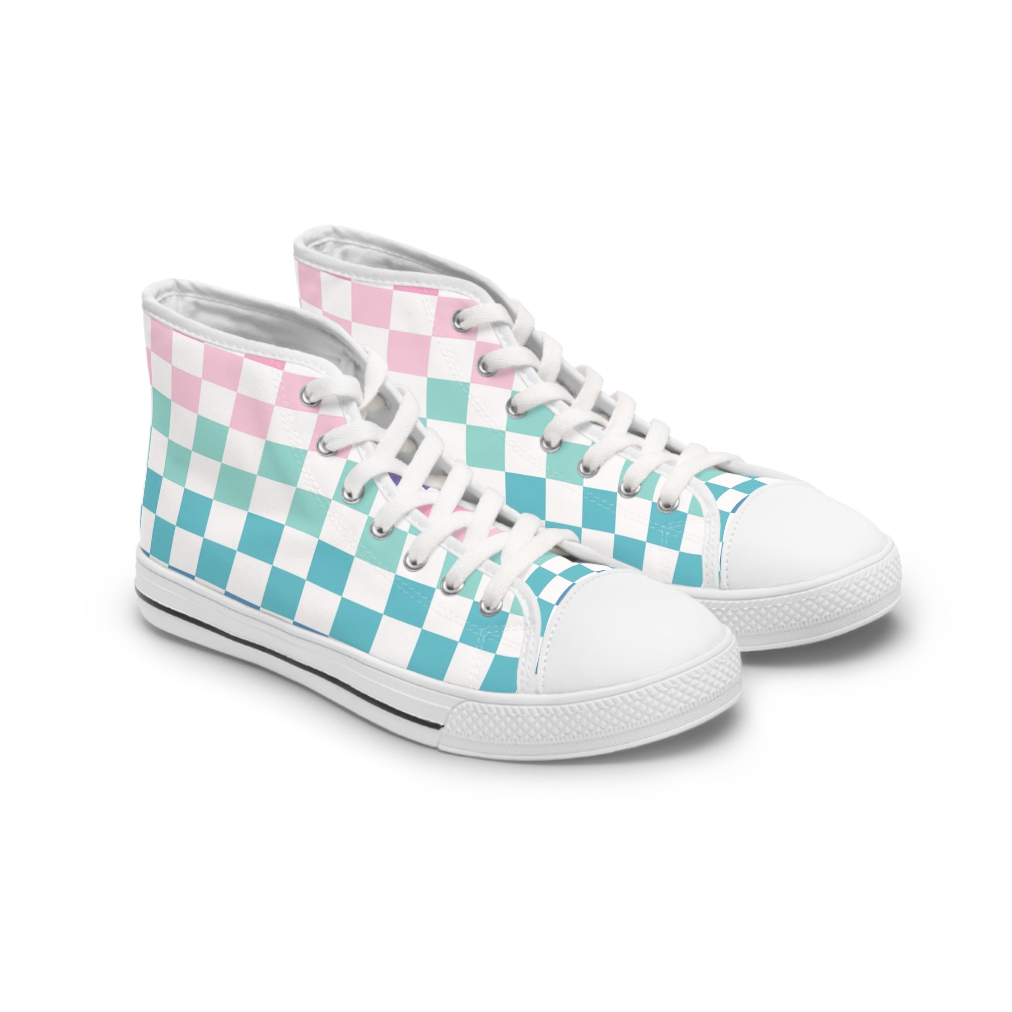 Vaporwave Rainbow  Checkerboard Multi-Color Women's High Top Sneakers, Artsulli - Art is Long, Life is Short, Shoes, Size, US 5.5, Color, White sole, , , 90208509452509398649