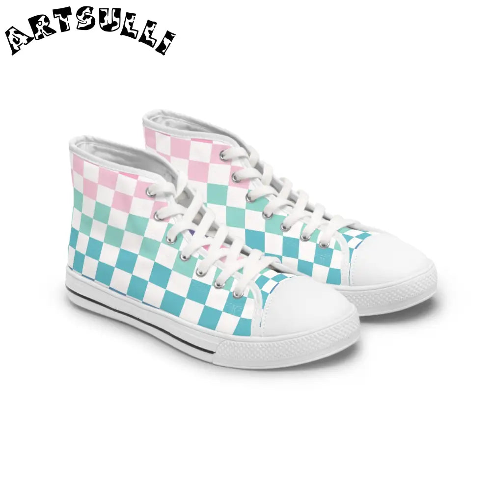 Vaporwave Rainbow  Checkerboard Multi-Color Women's High Top Sneakers, Artsulli - Art is Long, Life is Short, Shoes, Size, US 5.5, Color, White sole, , , 90208509452509398649