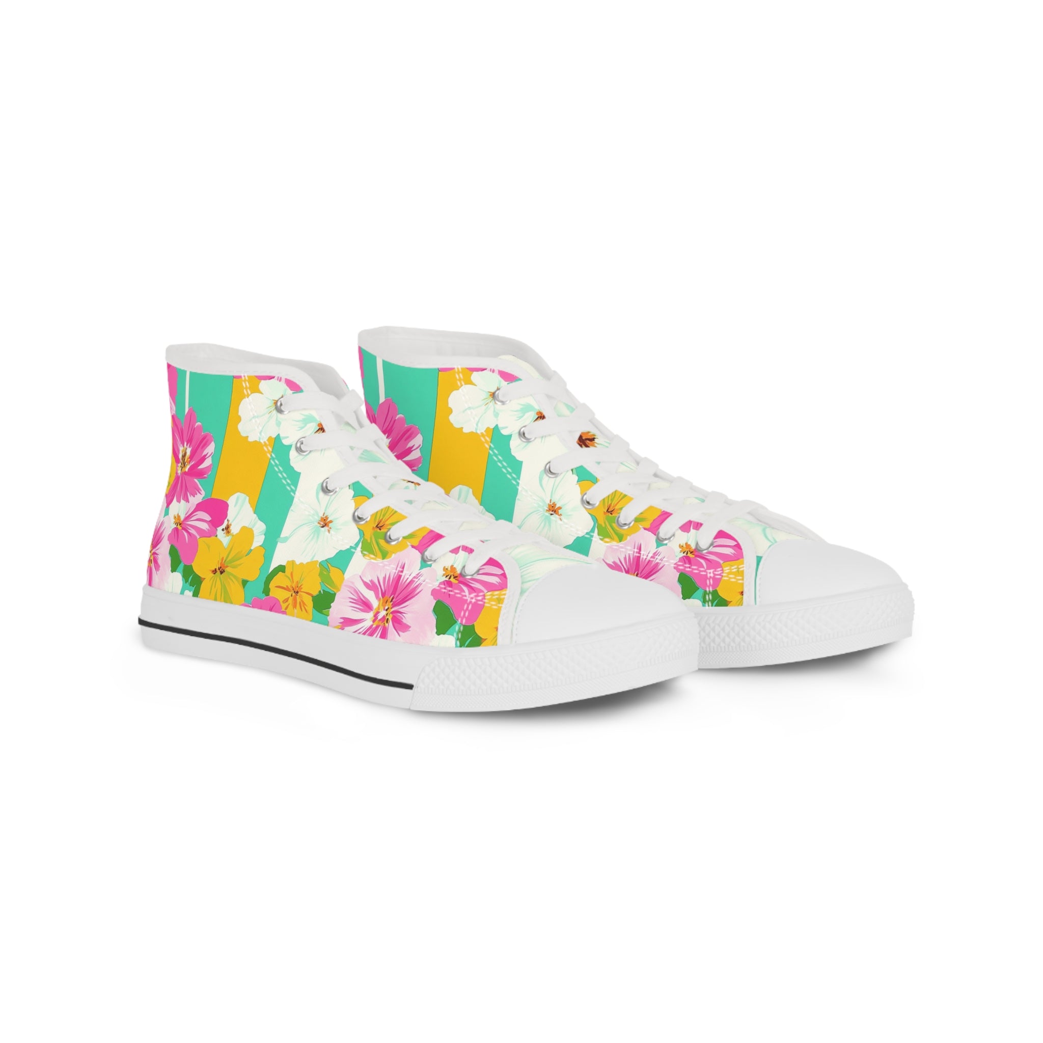 Pastel x Floral x Stripes Multi-Color Men's High Top Sneakers, Artsulli - Art is Long, Life is Short, Shoes, Size, US 5, Color, White sole, , , 20796967411220136121