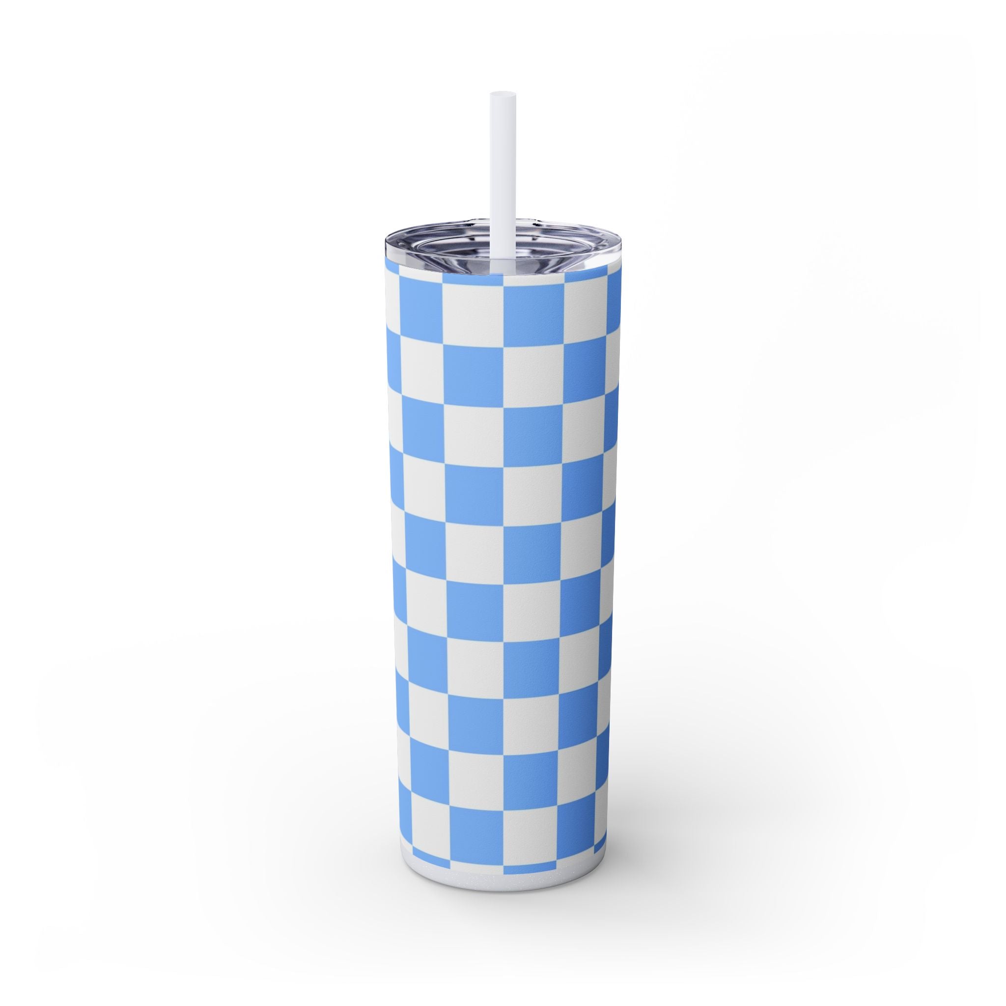 Checkerboard White and Light Blue Skinny Tumbler with Straw, 20oz, Artsulli - Art is Long, Life is Short, Mug, Finish, Glossy, Color, Glitter Iceberg, Size, 20oz, 10127876987886331866