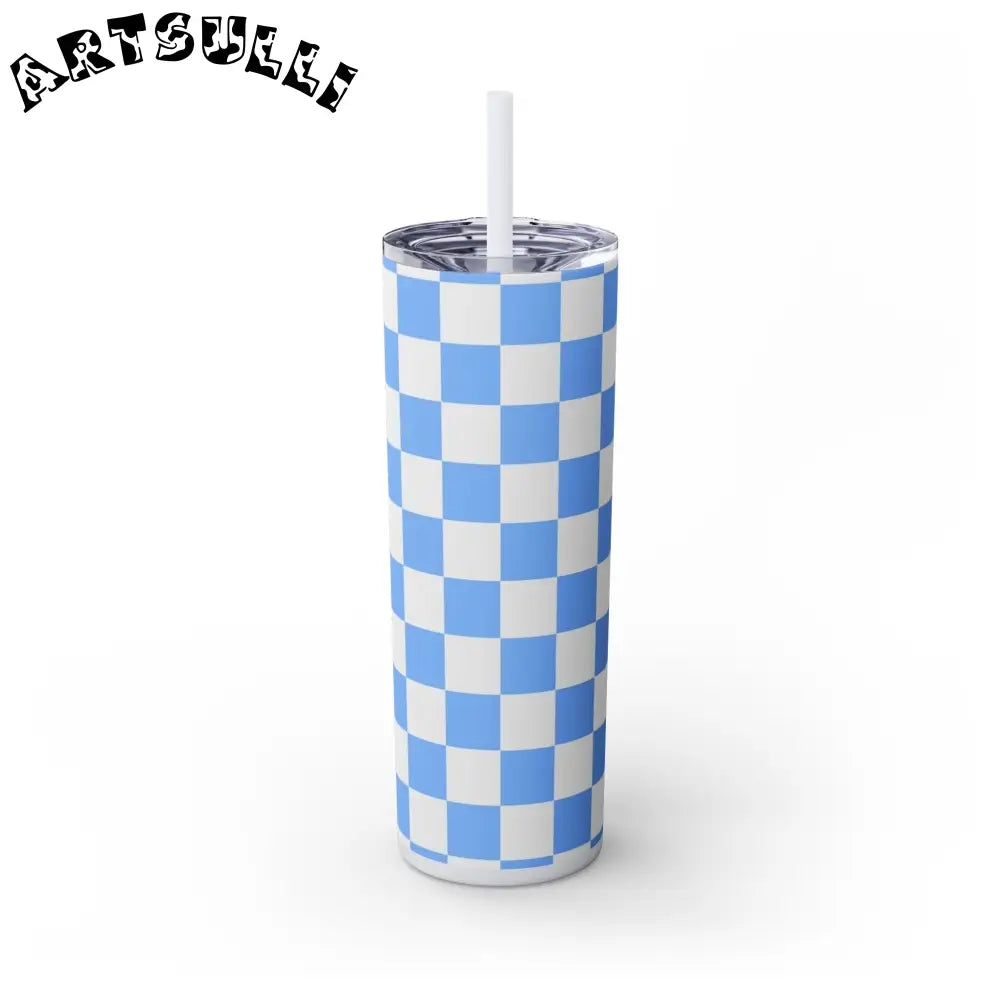 JAKKOUTTHEBXX Checkerboard White and Light Blue Skinny Tumbler