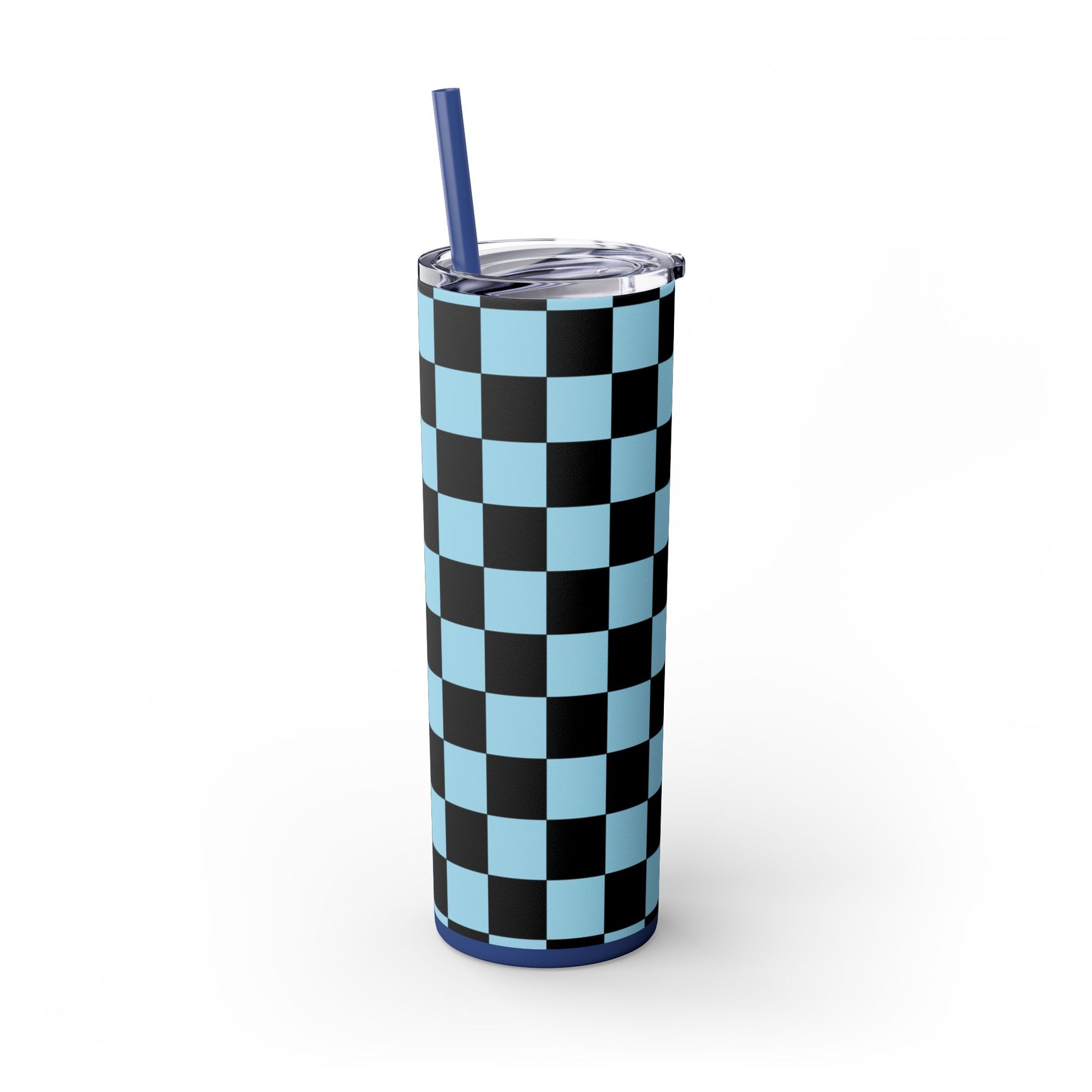 Checkerboard Black and Blue Skinny Tumbler with Straw, 20oz, Artsulli - Art is Long, Life is Short, Mug, , , , , , , 