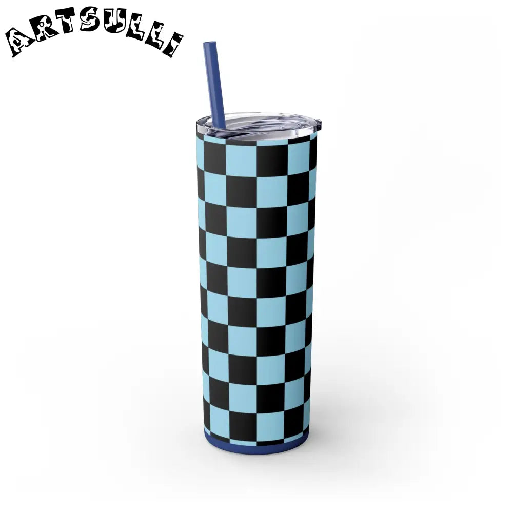 JAKKOUTTHEBXX Checkerboard Black and Blue Skinny Tumbler with Straw