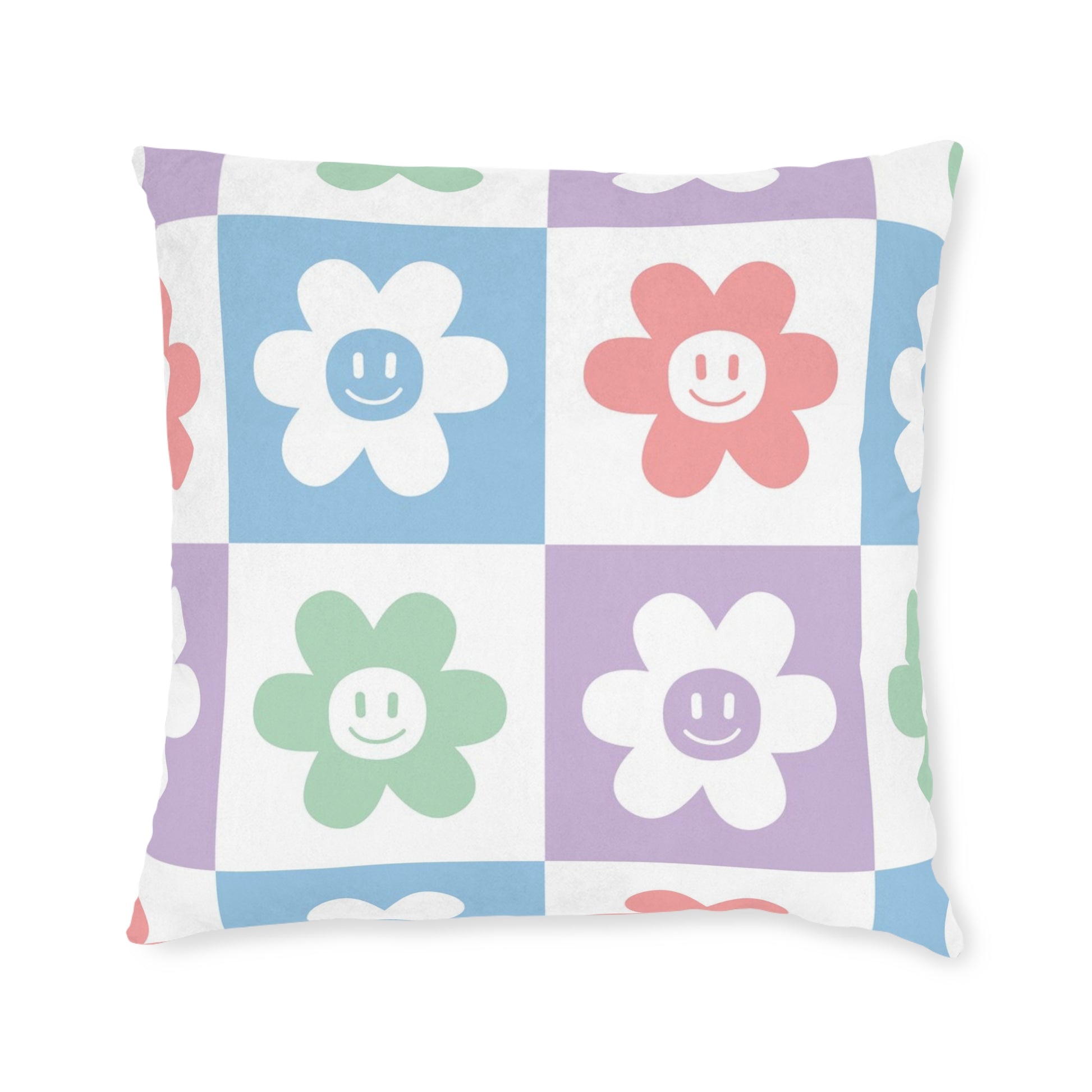 Chessboard x Smiley Face Flowers Multi-Color Square Pillow, Artsulli - Art is Long, Life is Short, Home Decor, Size, 22" × 22", , , , , 10954114521260445326