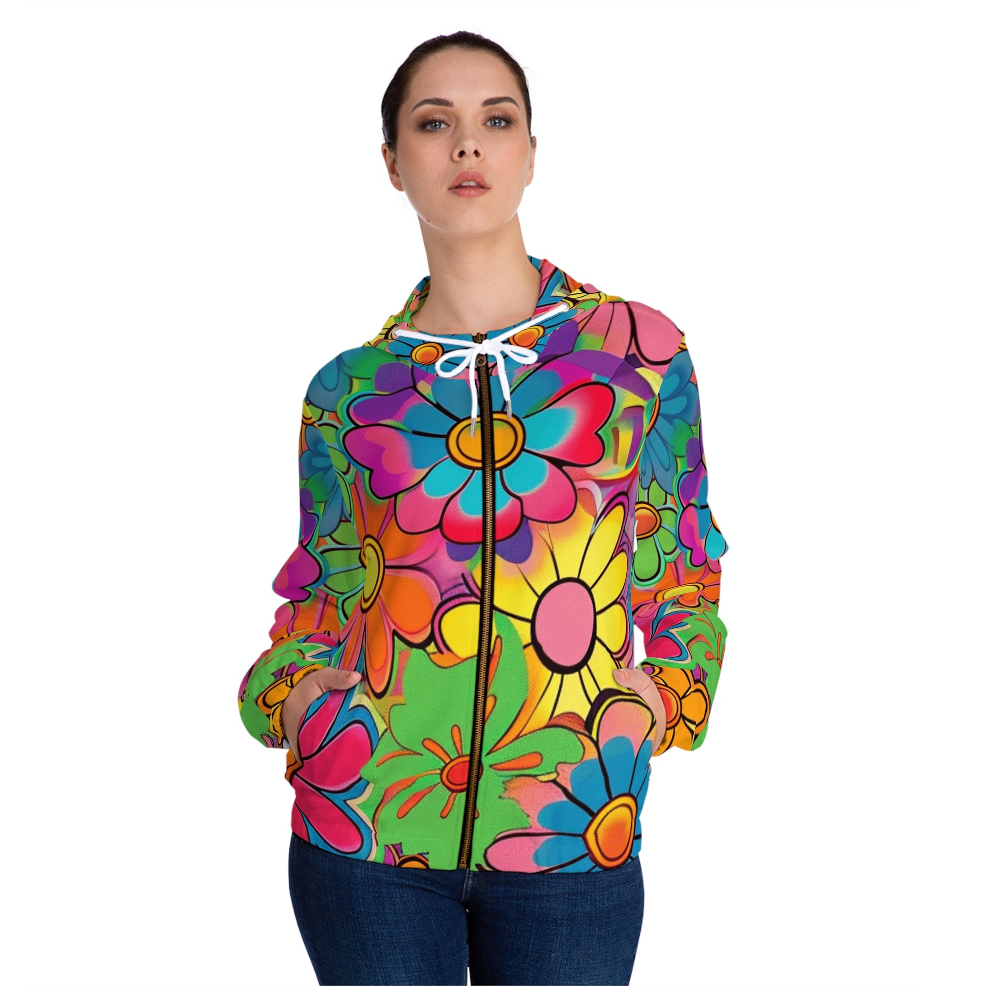 Chromatic Daisy Dream Women’s Full-Zip Hoodie (AOP), Artsulli - Art is Long, Life is Short, All Over Prints, , , , , , , 