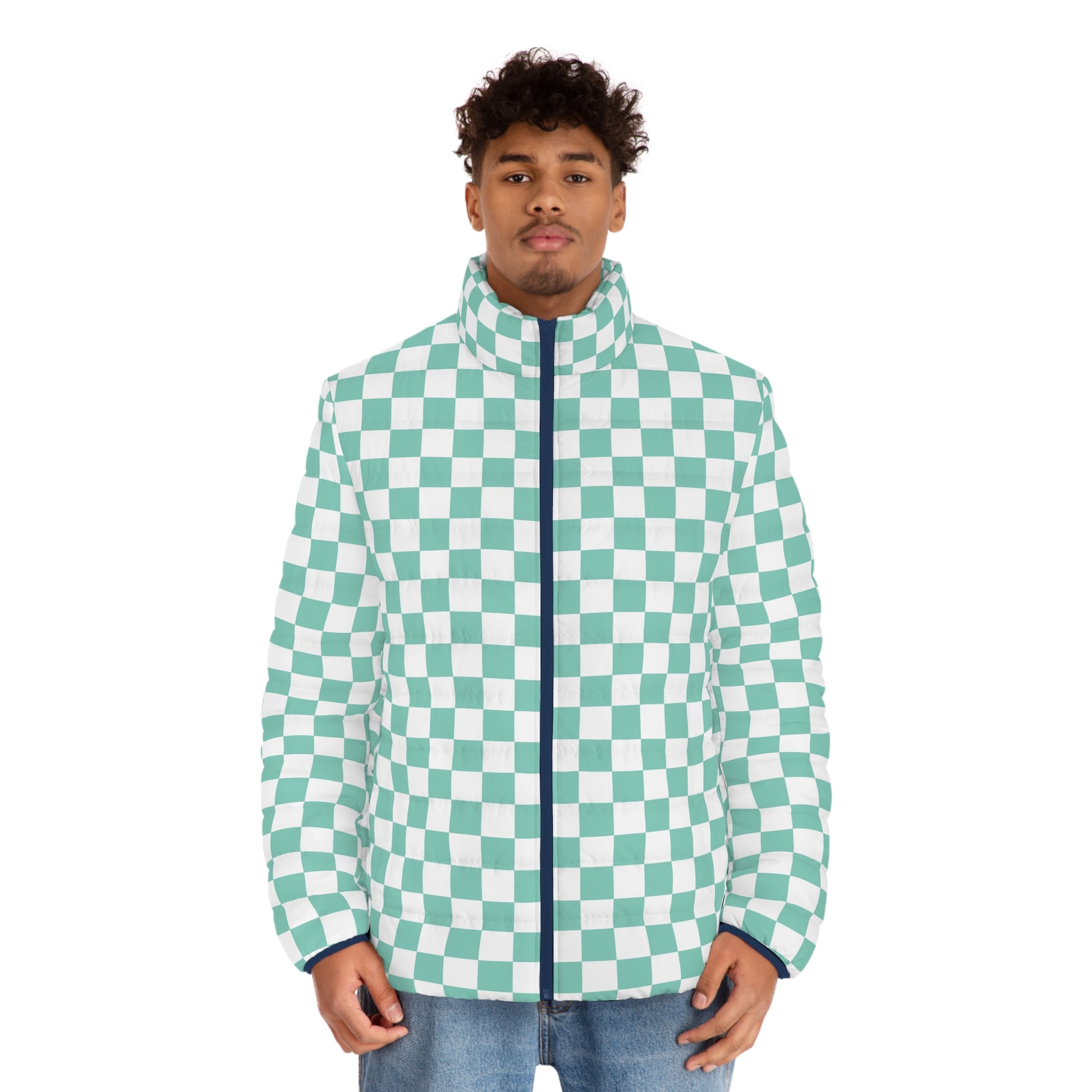 Checkerboard Light Green Men's Puffer Jacket (AOP), Artsulli - Art is Long, Life is Short, All Over Prints, , , , , , , 