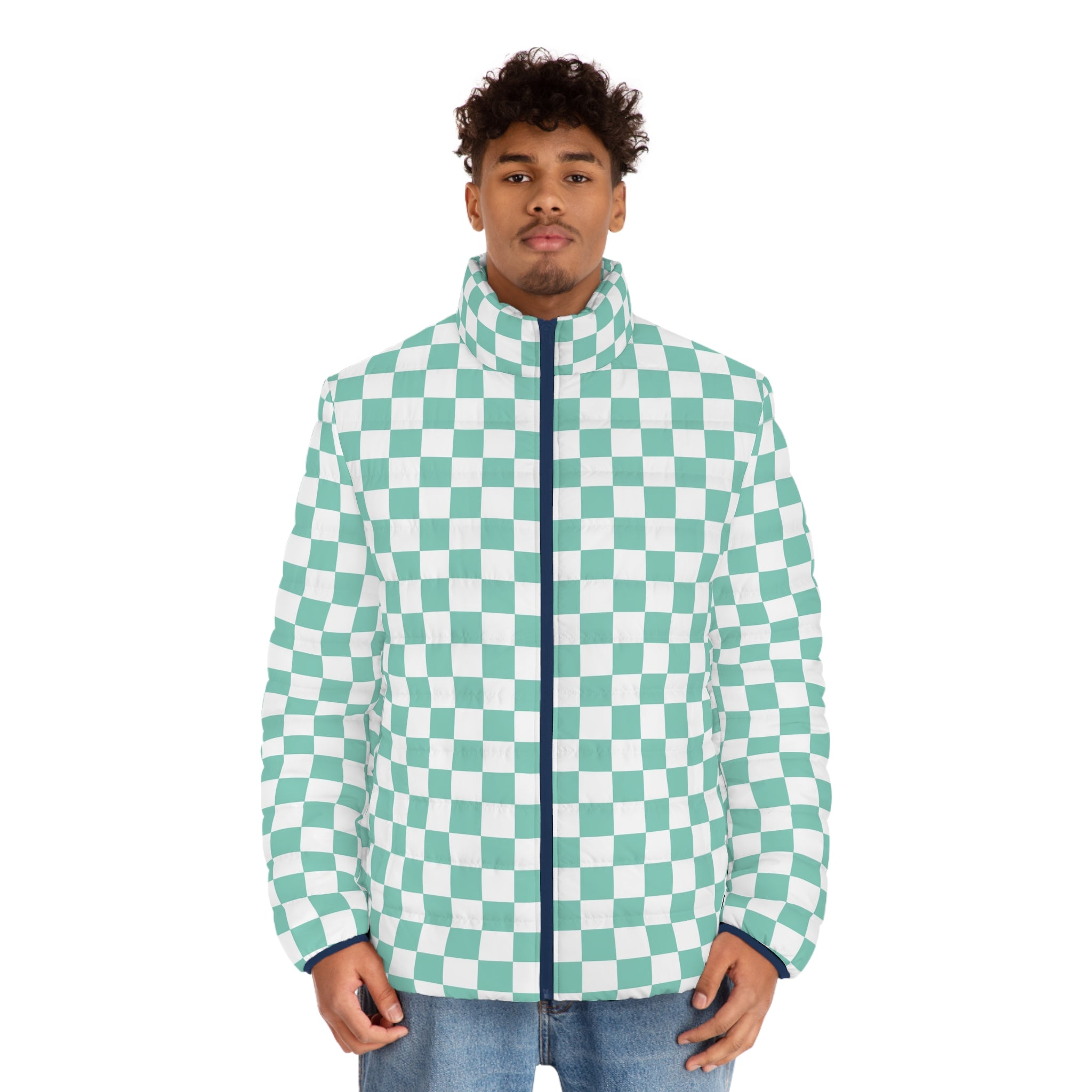 Checkerboard Light Green Men's Puffer Jacket (AOP), Artsulli - Art is Long, Life is Short, All Over Prints, , , , , , , 