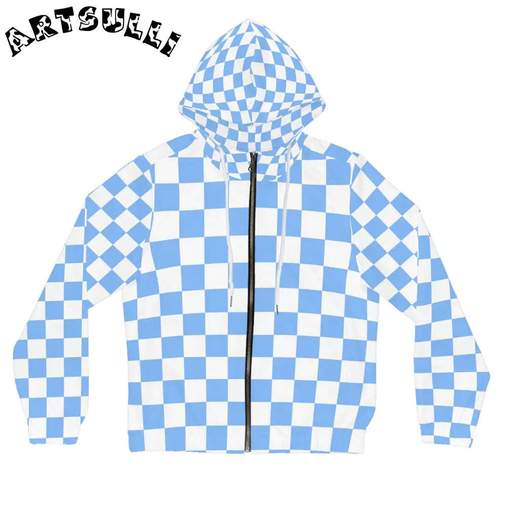 JAKKOUTTHEBXX Checkerboard White and Light Blue Women’s Full-Zip
