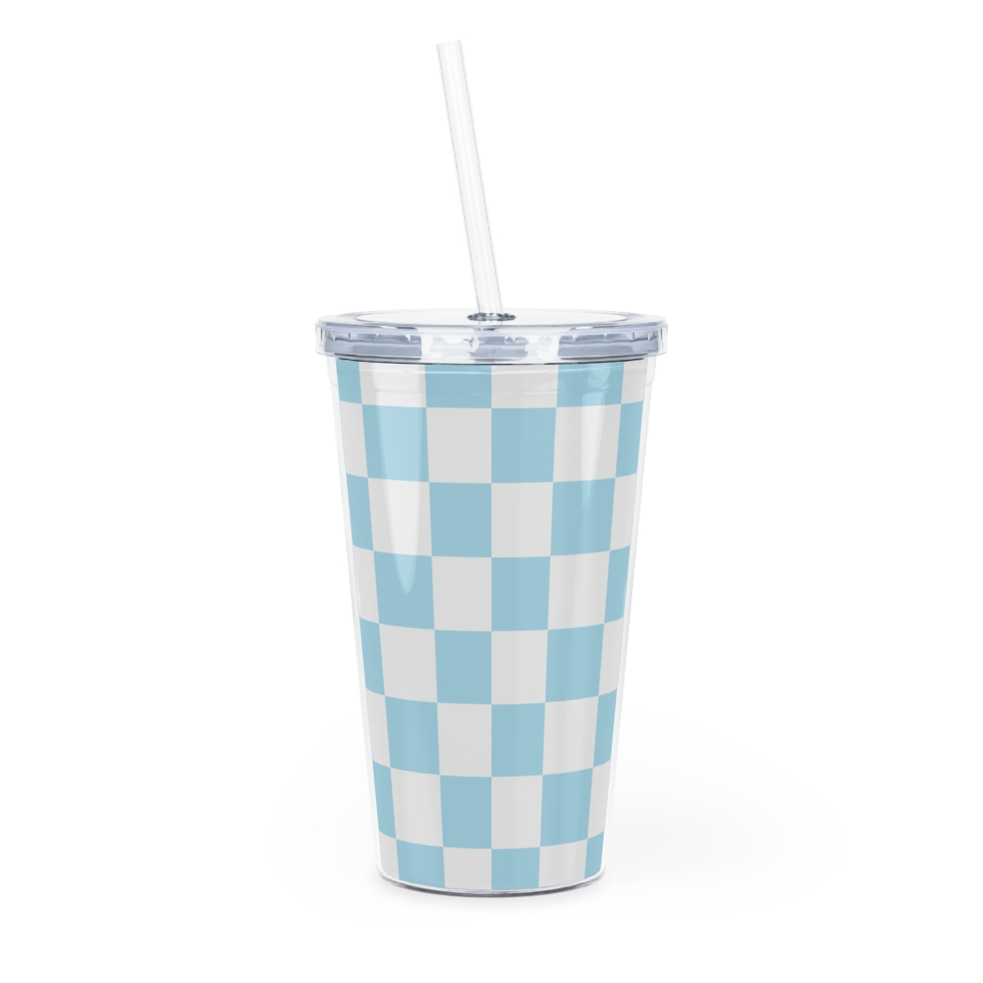 Checkerboard Sky Blue Plastic Tumbler with Straw, Artsulli - Art is Long, Life is Short, Mug, , , , , , , 