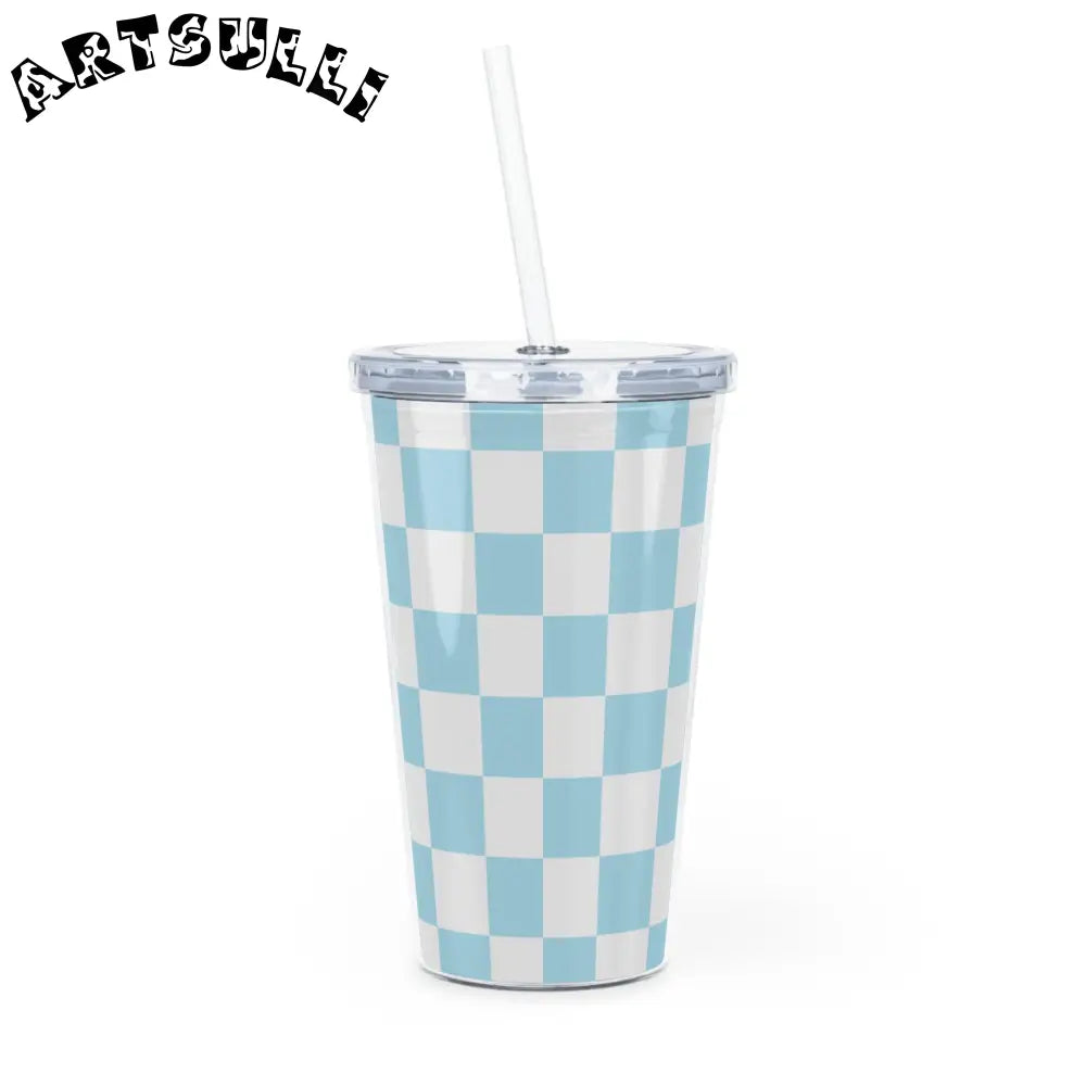 JAKKOUTTHEBXX Checkerboard Sky Blue Plastic Tumbler with Straw