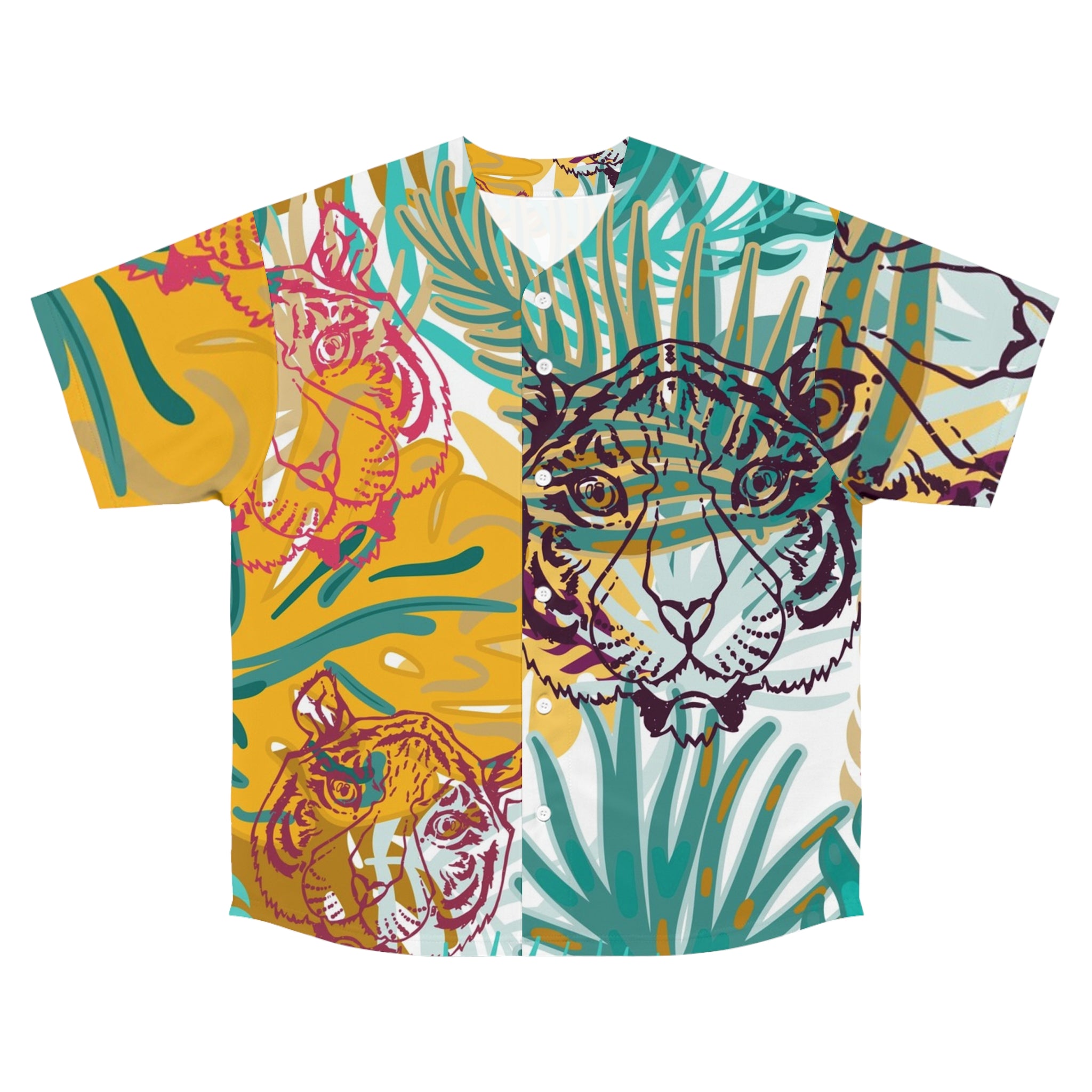 Tropical Jungle Tigers Brown and Green Men's Baseball Jersey (AOP), Artsulli - Art is Long, Life is Short, All Over Prints, Size, S, Color, Seam thread color automatically matched to design, , , 14428484334784