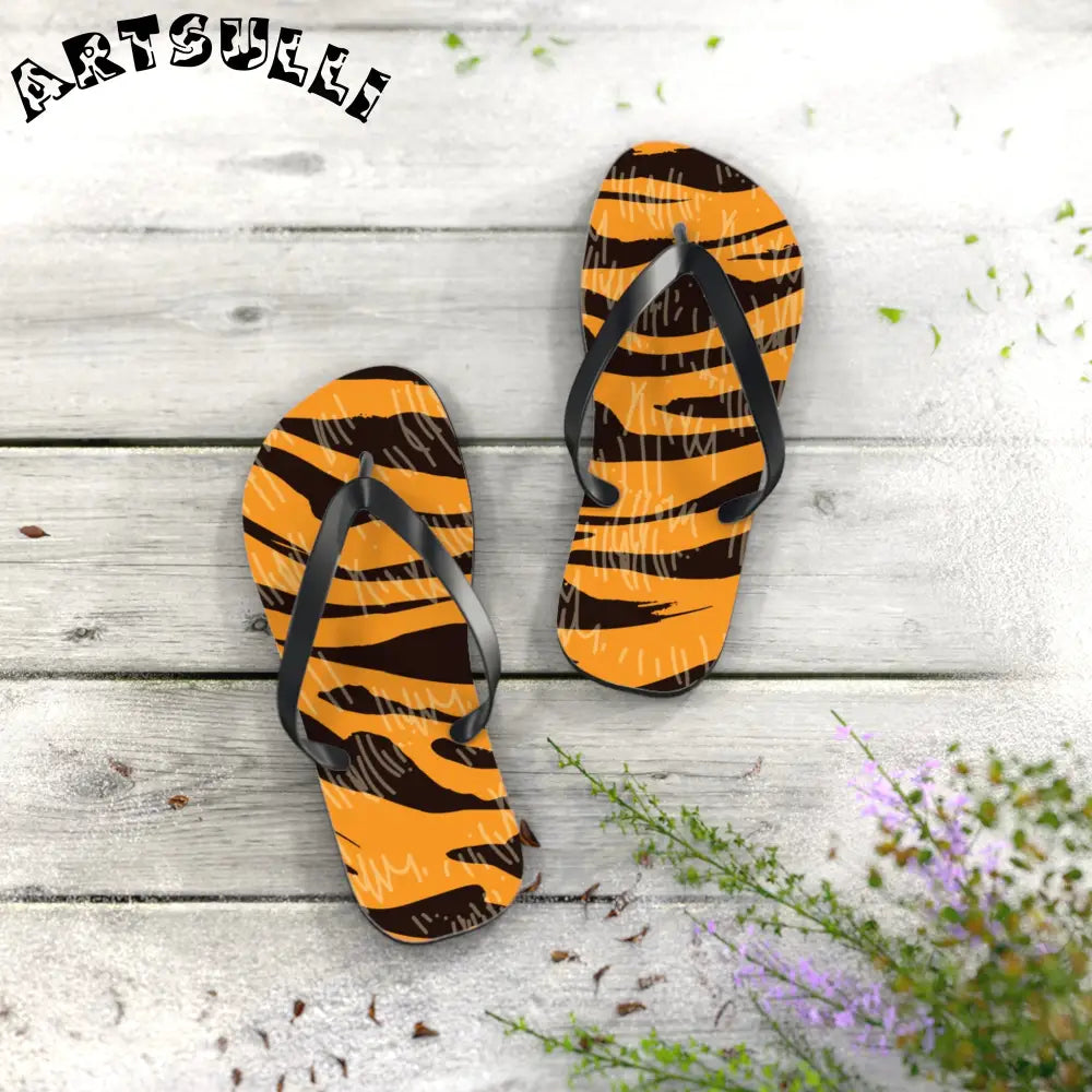 JAKKOUTTHEBXX Tiger Scratches Orange & Black Flip Flops