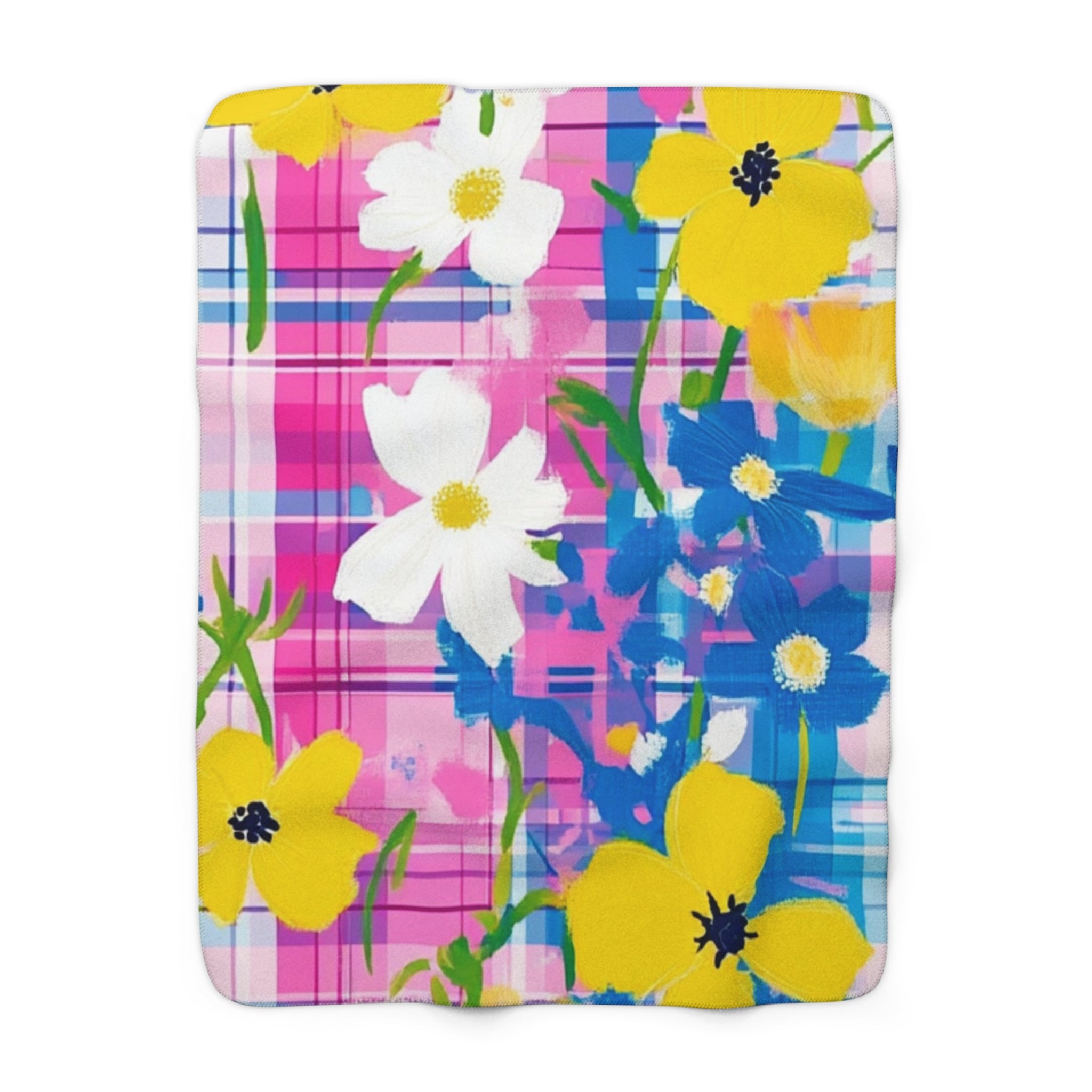 Plaid Garden Pink and Blue Sherpa Fleece Blanket, Artsulli - Art is Long, Life is Short, Home Decor, Size, 50" × 60", , , , , 92021151327529