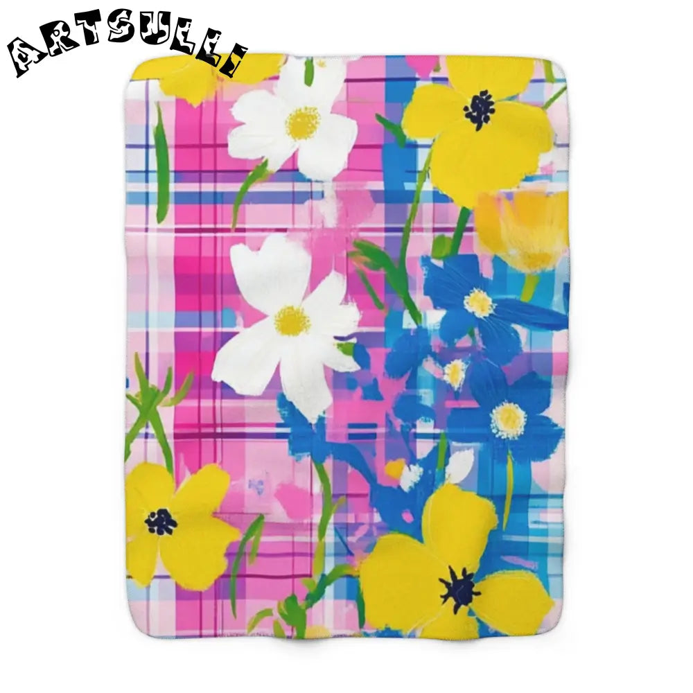 JAKKOUTTHEBXX Plaid Garden Pink and Blue Sherpa Fleece Blanket