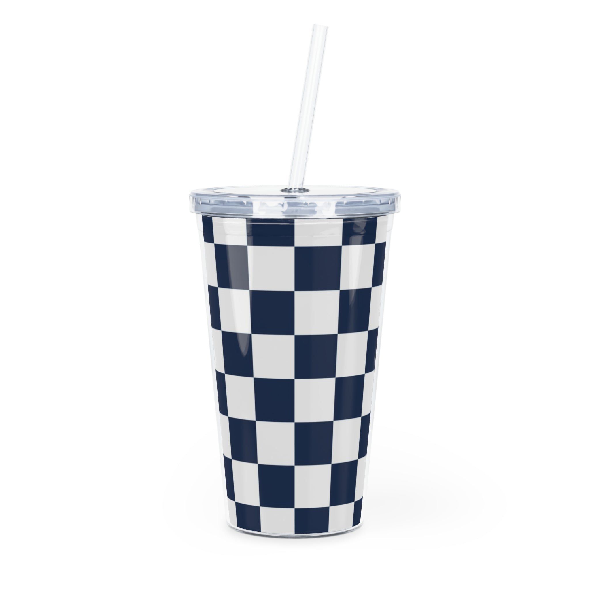 Checkerboard White and Navy Blue Plastic Tumbler with Straw, Artsulli - Art is Long, Life is Short, Mug, Size, 20oz, Color, Transparent, , , 80757526947587135353