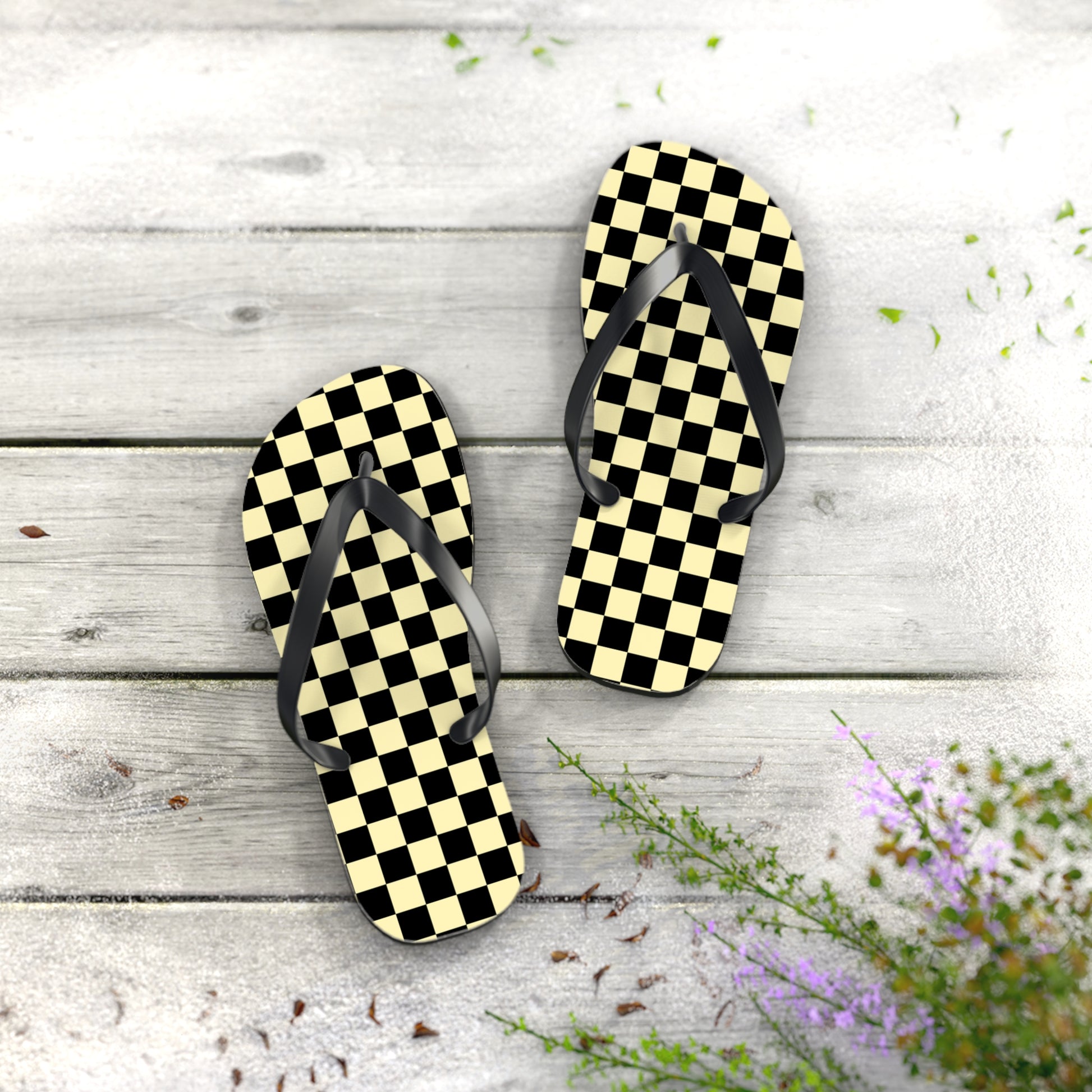 Checkerboard Black and Yellow Flip Flops, Artsulli - Art is Long, Life is Short, Shoes, , , , , , , 