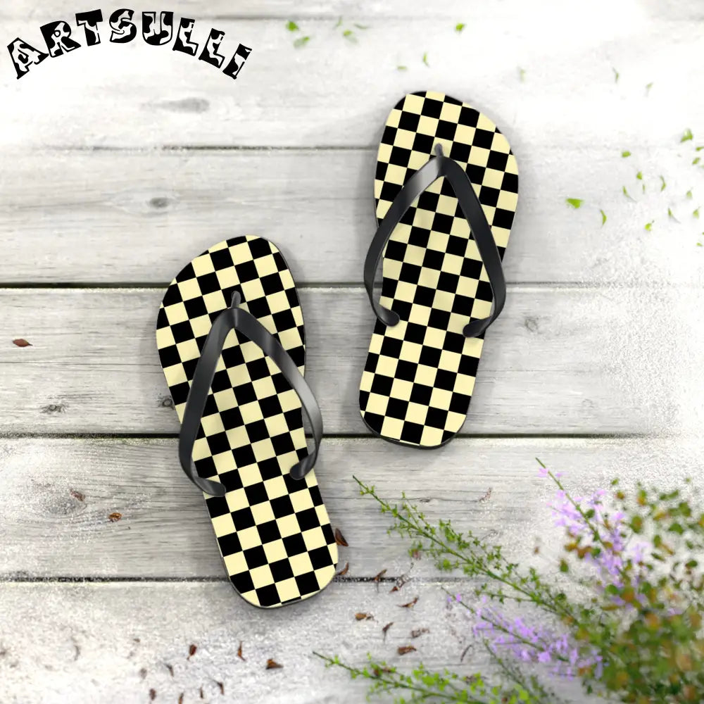 JAKKOUTTHEBXX Checkerboard Black and Yellow Flip Flops JAKKOUTTHEBXX