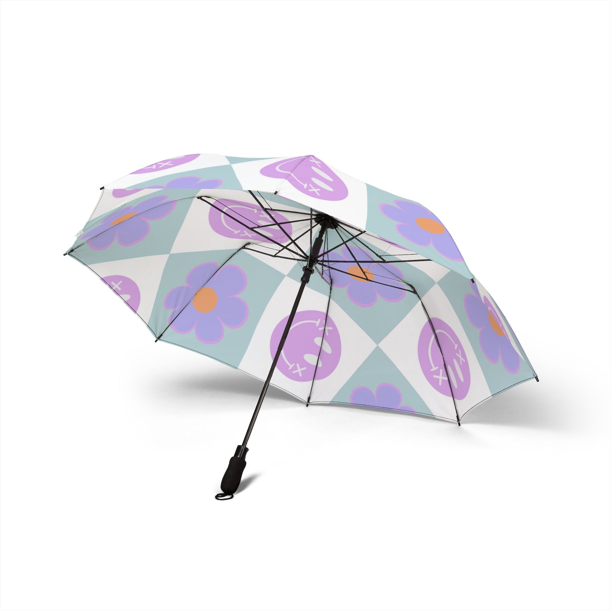 Flower x Smiley Face x Checkerboard Purple Semi-Automatic Foldable Umbrella, Artsulli - Art is Long, Life is Short, Accessories, , , , , , , 