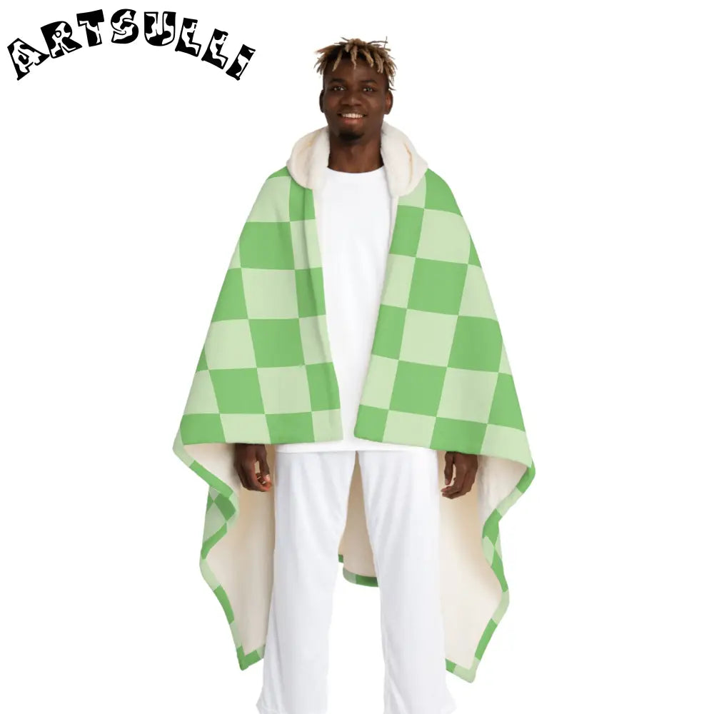 JAKKOUTTHEBXX Checkerboard Green Hooded Sherpa Fleece Blanket
