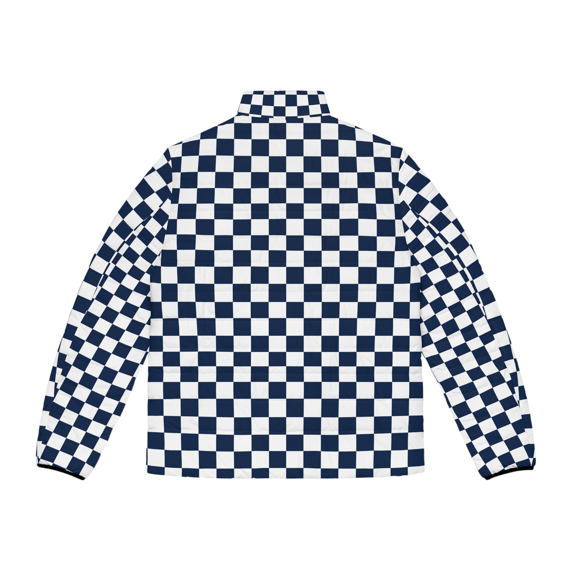 Checkerboard White and Navy Blue Men's Puffer Jacket (AOP), Artsulli - Art is Long, Life is Short, All Over Prints, , , , , , , 