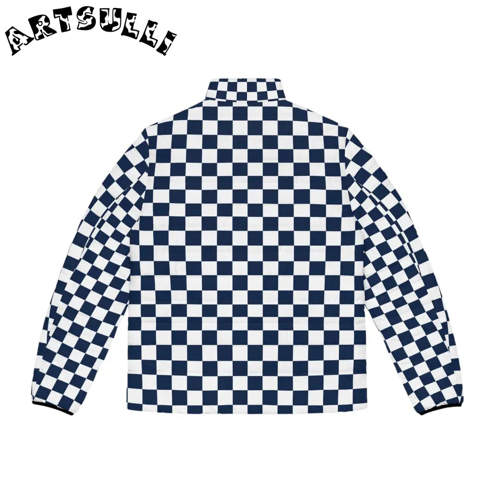 JAKKOUTTHEBXX Checkerboard White and Navy Blue Men’s Puffer Jacket
