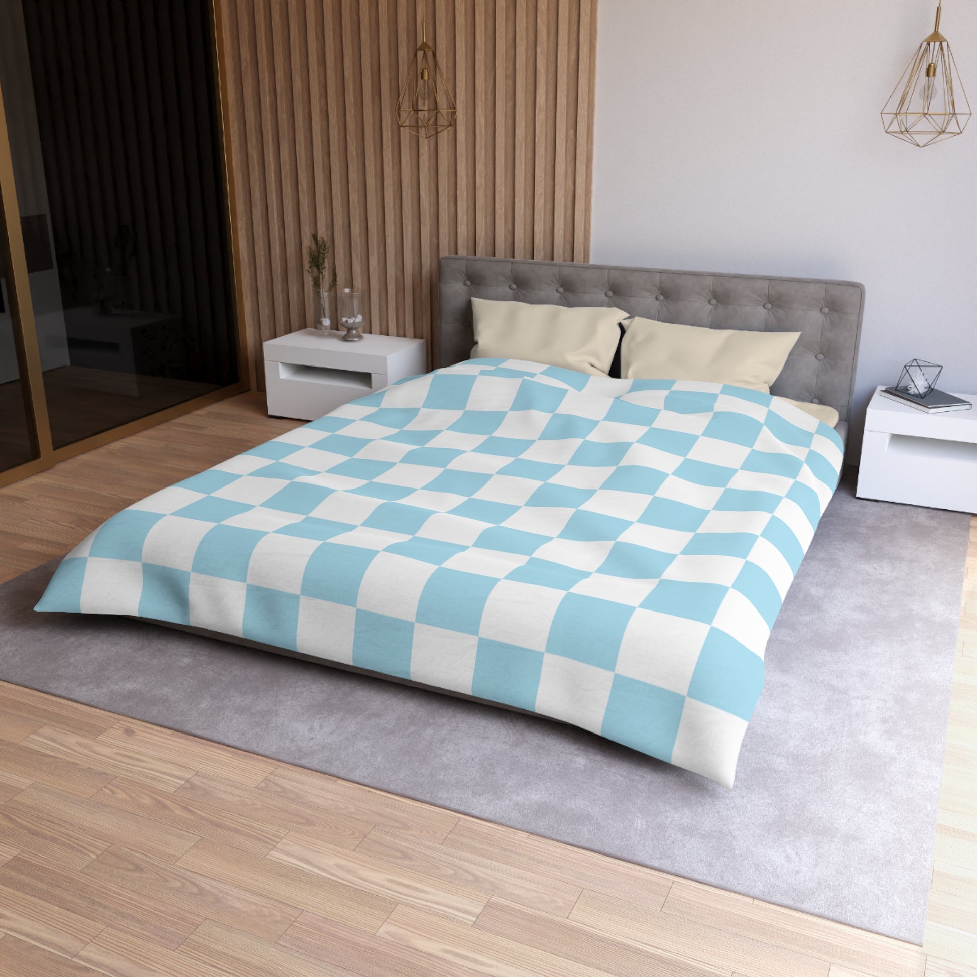 Checkerboard Sky Blue Microfiber Duvet Cover, Artsulli - Art is Long, Life is Short, Home Decor, , , , , , , 