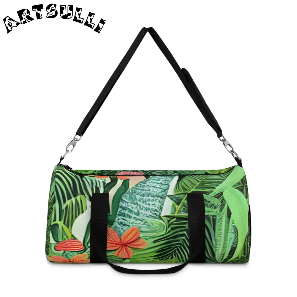 JAKKOUTTHEBXX Tropical Leaf and Flower Print Duffel Bags with Black