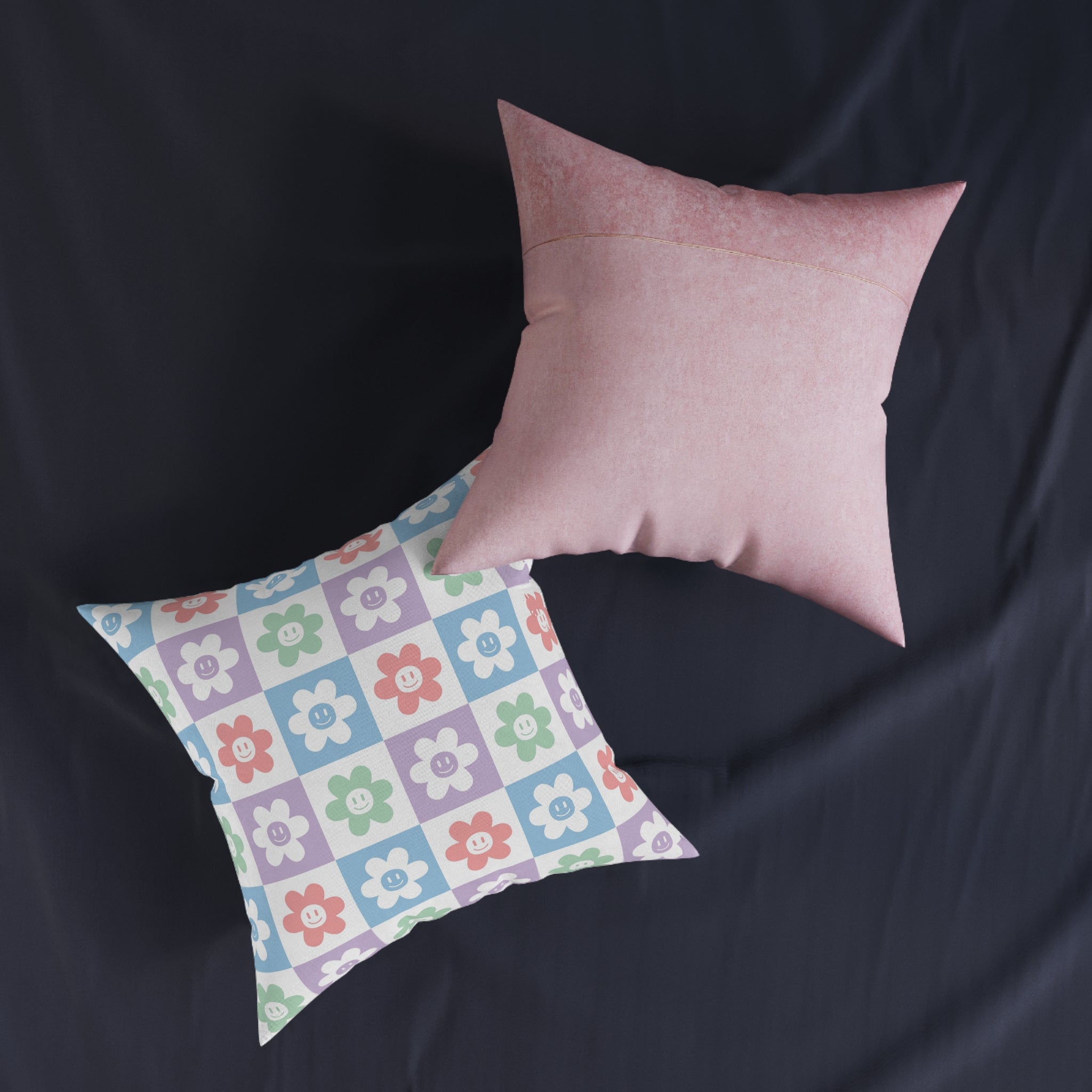 Chessboard x Smiley Face Flowers II Multi-Color Square Pillow - Pink Back, Artsulli - Art is Long, Life is Short, Home Decor, , , , , , , 