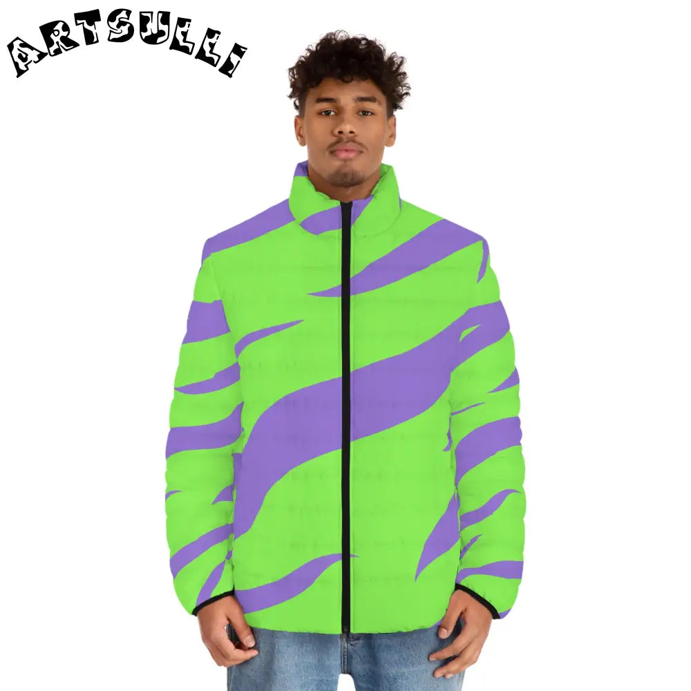 JAKKOUTTHEBXX Tyrannosaurus Print Green and Purple Men’s Puffer