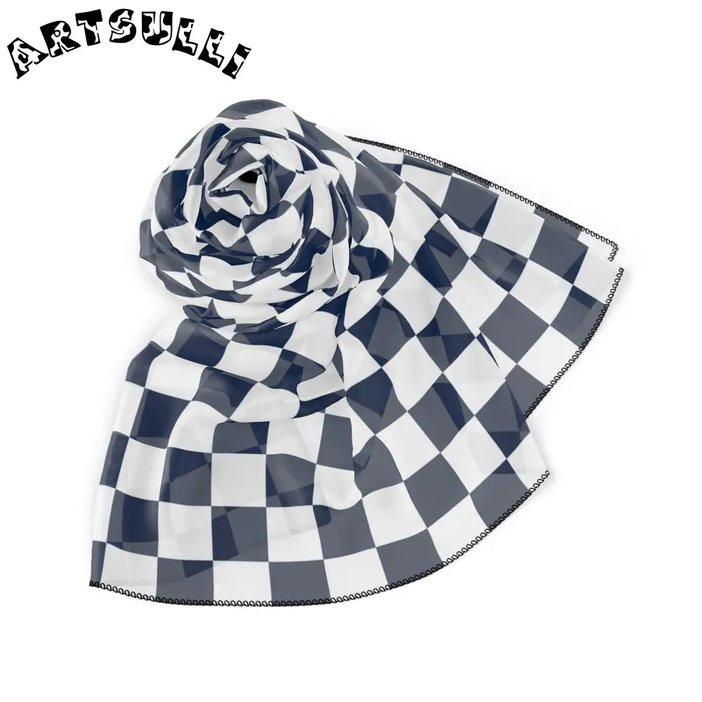 JAKKOUTTHEBXX Checkerboard II White and Navy Blue Poly Scarf