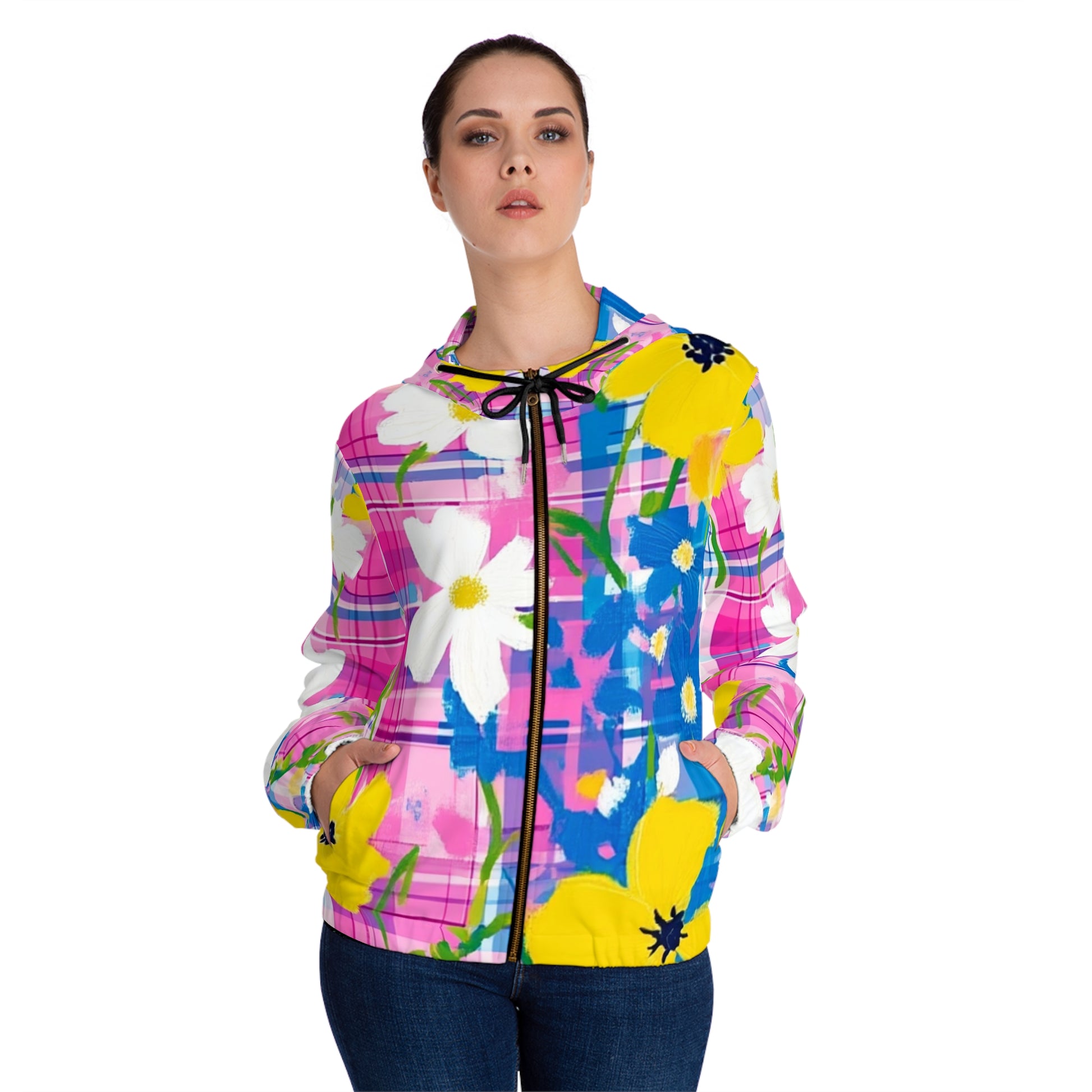 Plaid Garden Pink and Blue Women’s Full-Zip Hoodie (AOP), Artsulli - Art is Long, Life is Short, All Over Prints, , , , , , , 