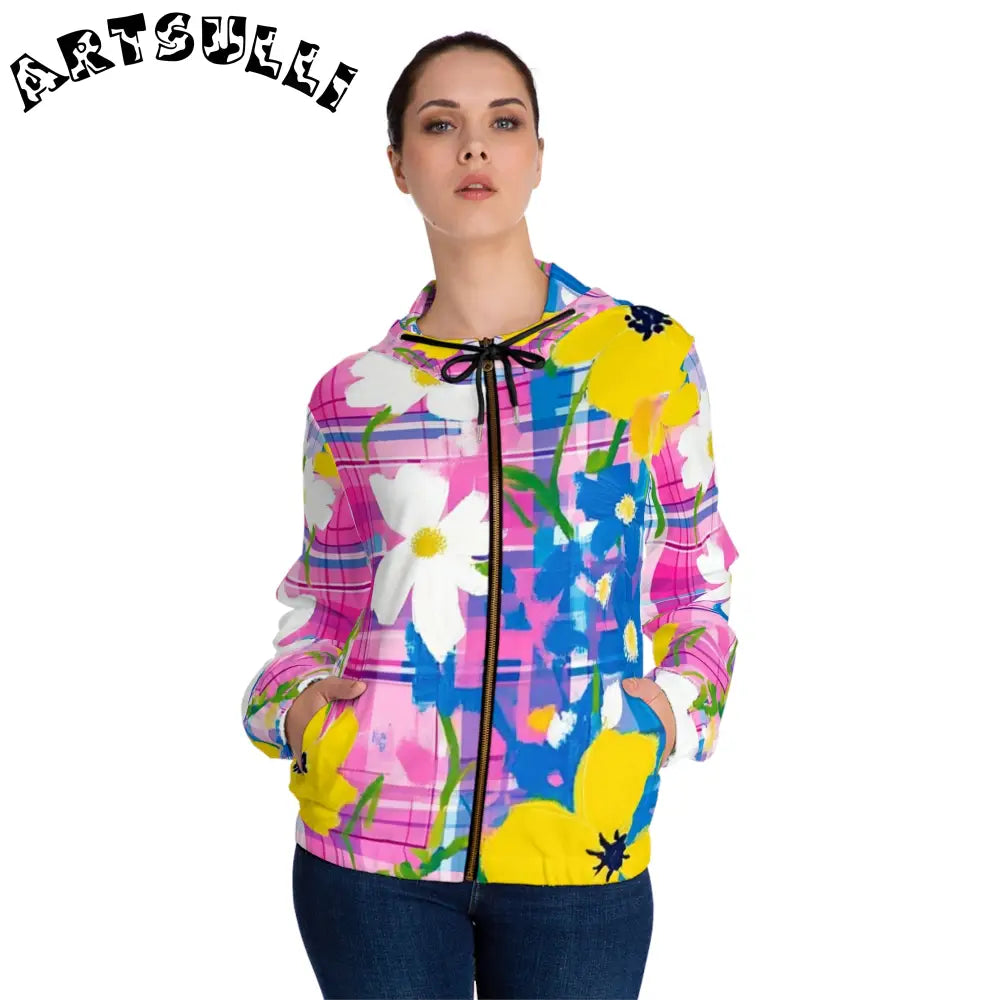 JAKKOUTTHEBXX Plaid Garden Pink and Blue Women’s Full-Zip Hoodie