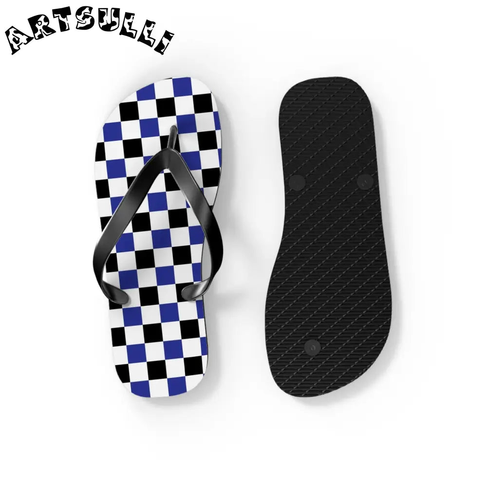 JAKKOUTTHEBXX Checkerboard Blue White and Black Flip Flops