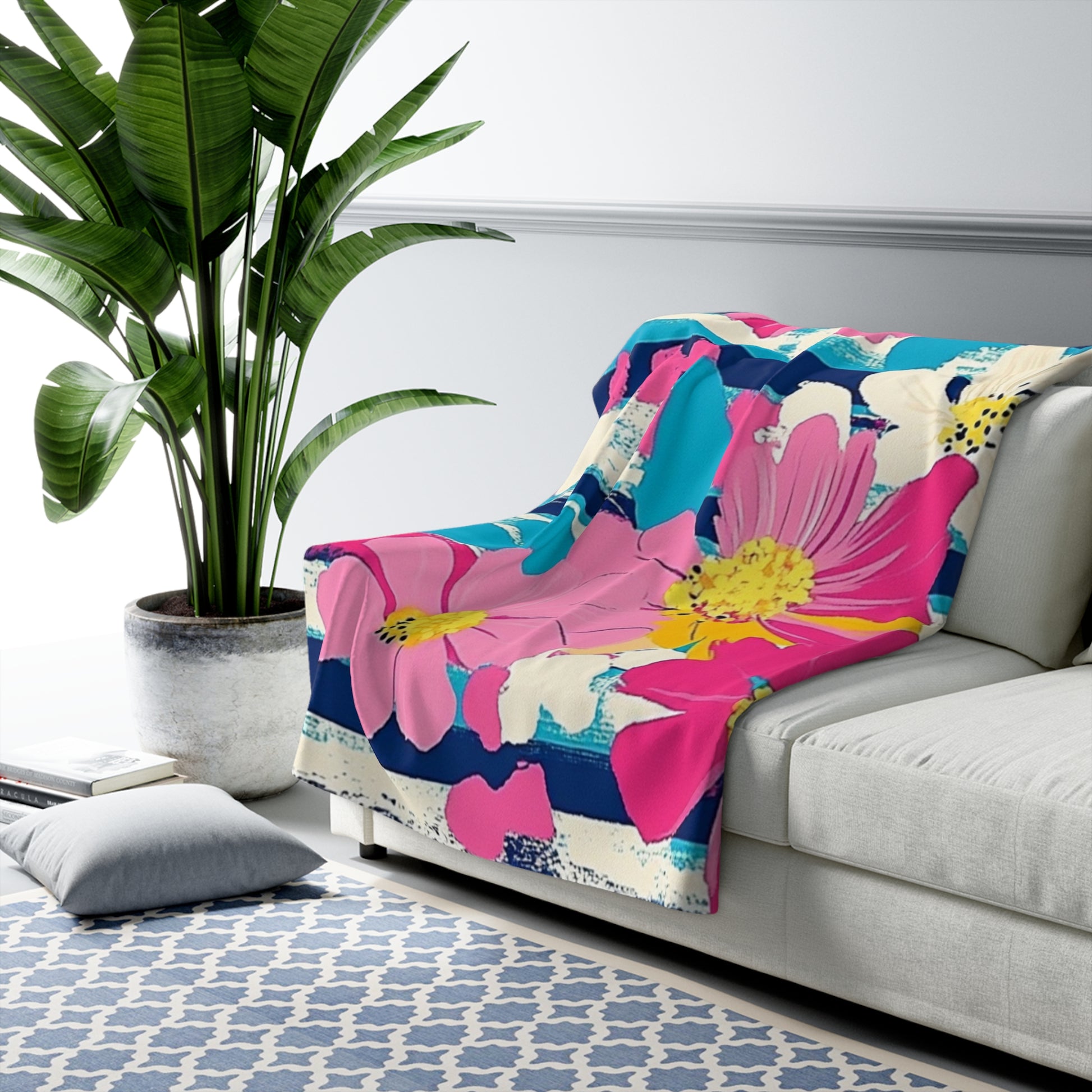 Dayglo Floral Stripes Multi-Color Sherpa Fleece Blanket, Artsulli - Art is Long, Life is Short, Home Decor, , , , , , , 