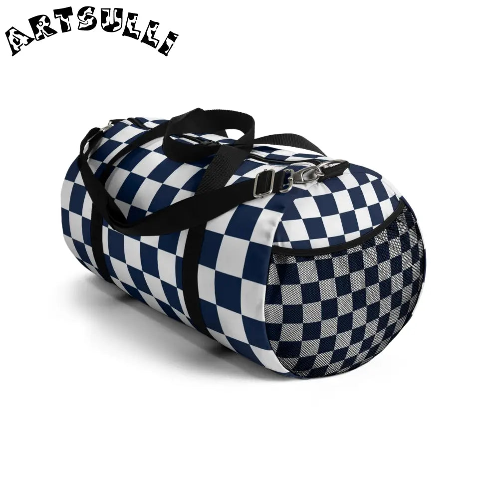 JAKKOUTTHEBXX Checkerboard II White and Navy Blue Duffel Bag