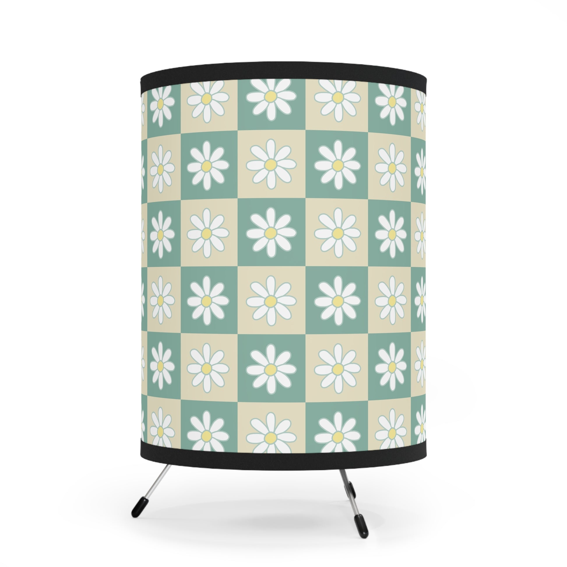 Retro Daisy Checkerboard Green and Tan Tripod Lamp with High-Res Printed Shade, US\CA plug, Artsulli - Art is Long, Life is Short, Home Decor, , , , , , , 