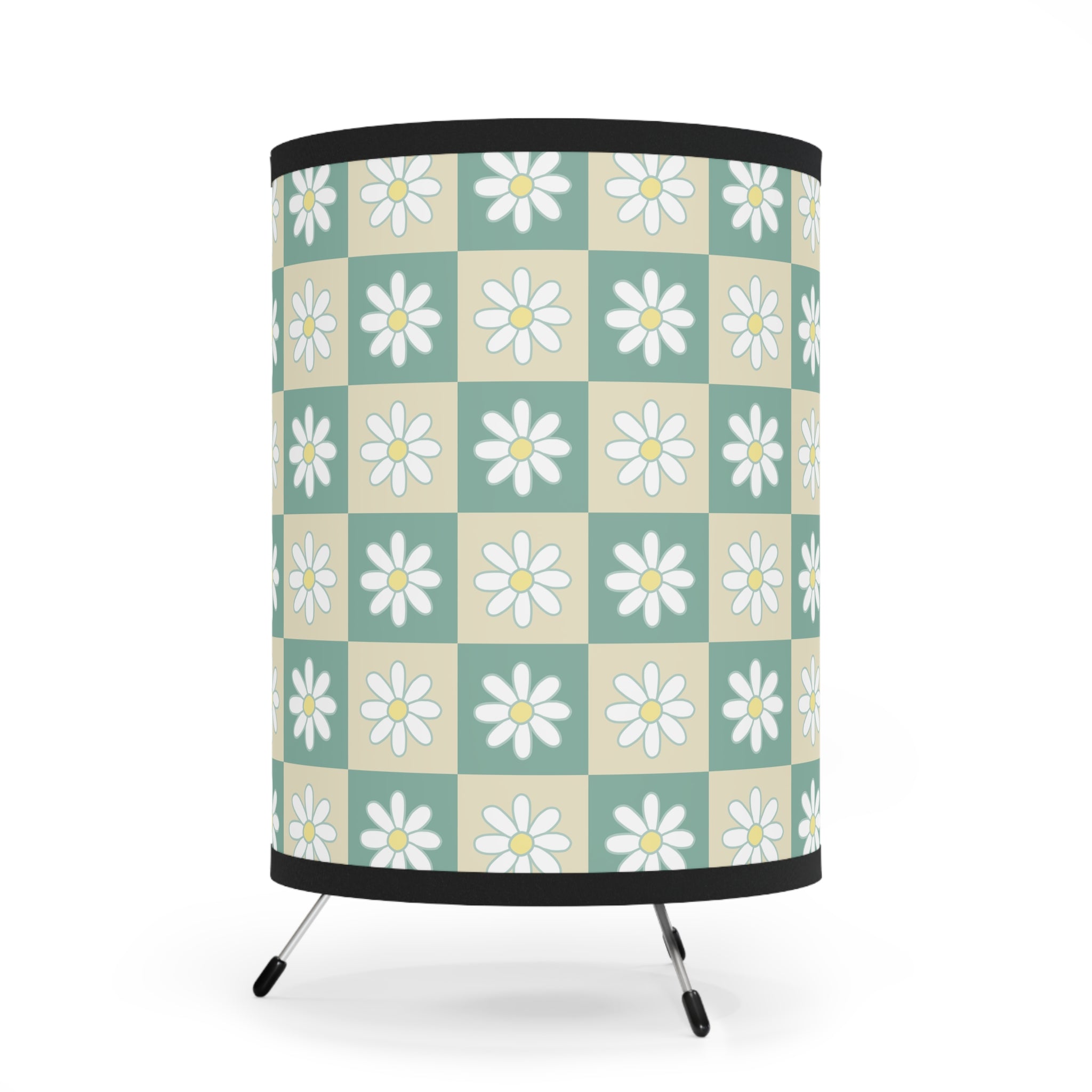 Retro Daisy Checkerboard Green and Tan Tripod Lamp with High-Res Printed Shade, US\CA plug, Artsulli - Art is Long, Life is Short, Home Decor, , , , , , , 